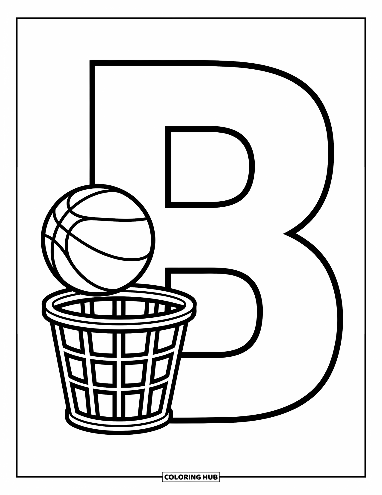 Letter B Coloring Page for Kids: Ball bouncing near a tall B and a simple white background
