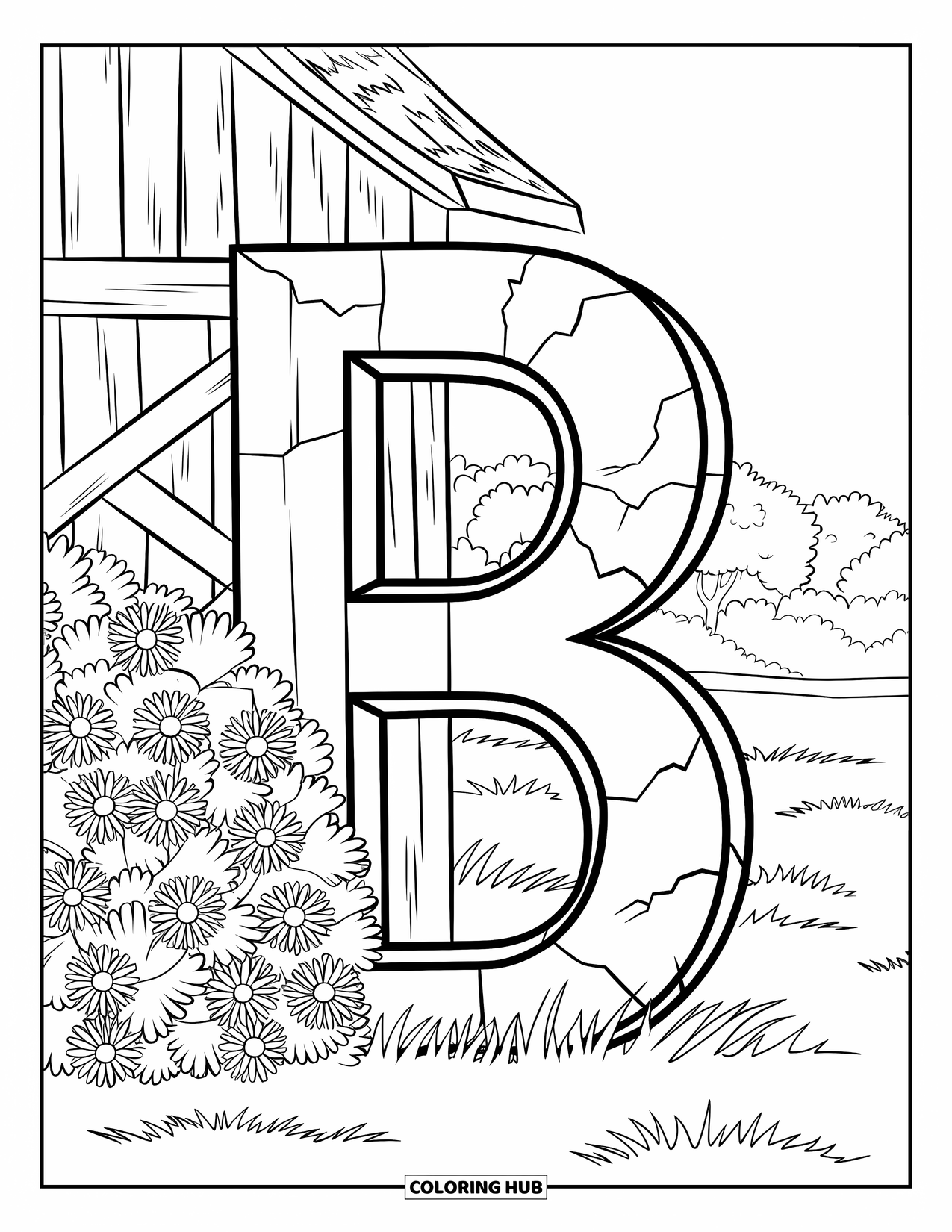 Letter B Coloring Page for Kids: Barn and blooming bush next to a rustic wooden B