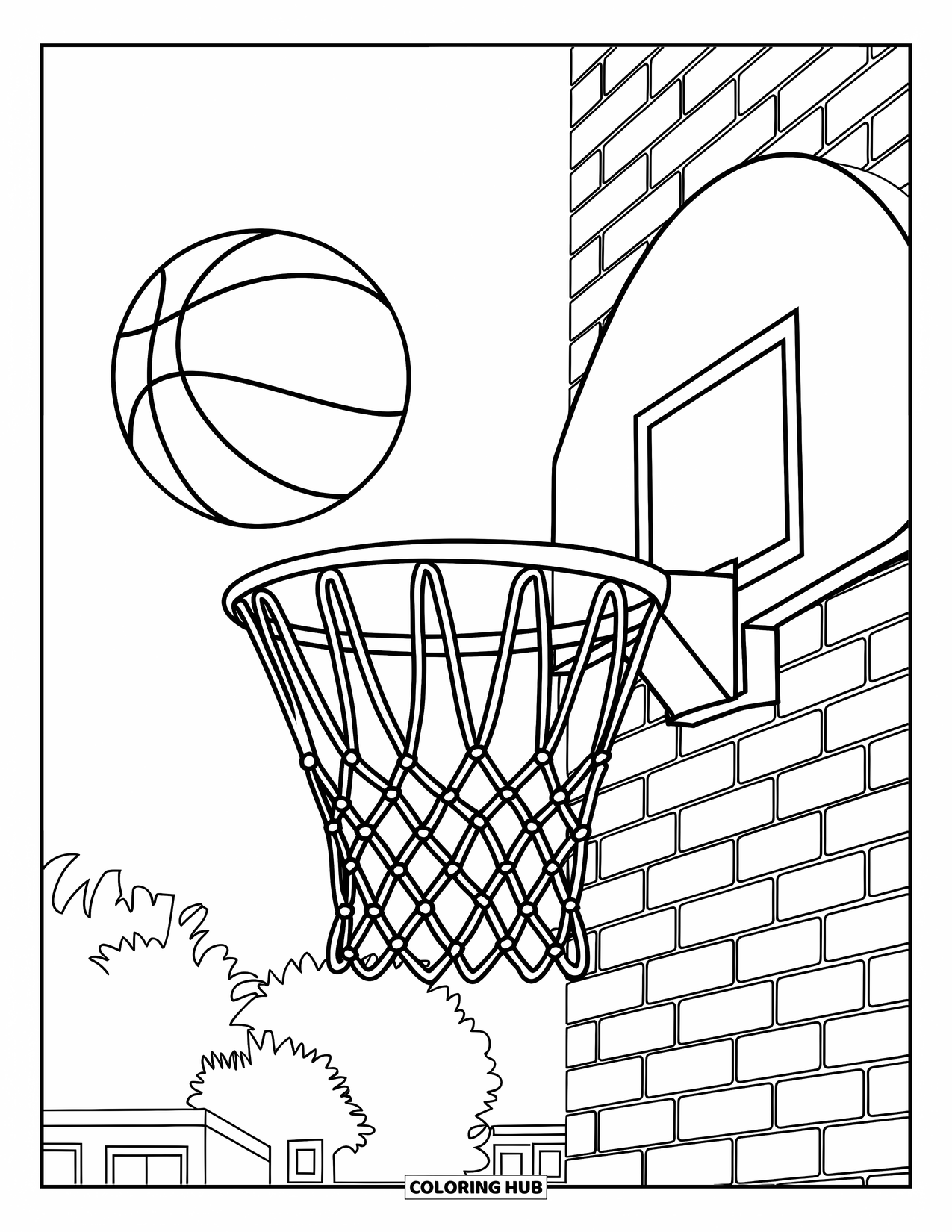 Letter B Coloring Page for Kids: Basketball about to score into a hoop with tree-lined background