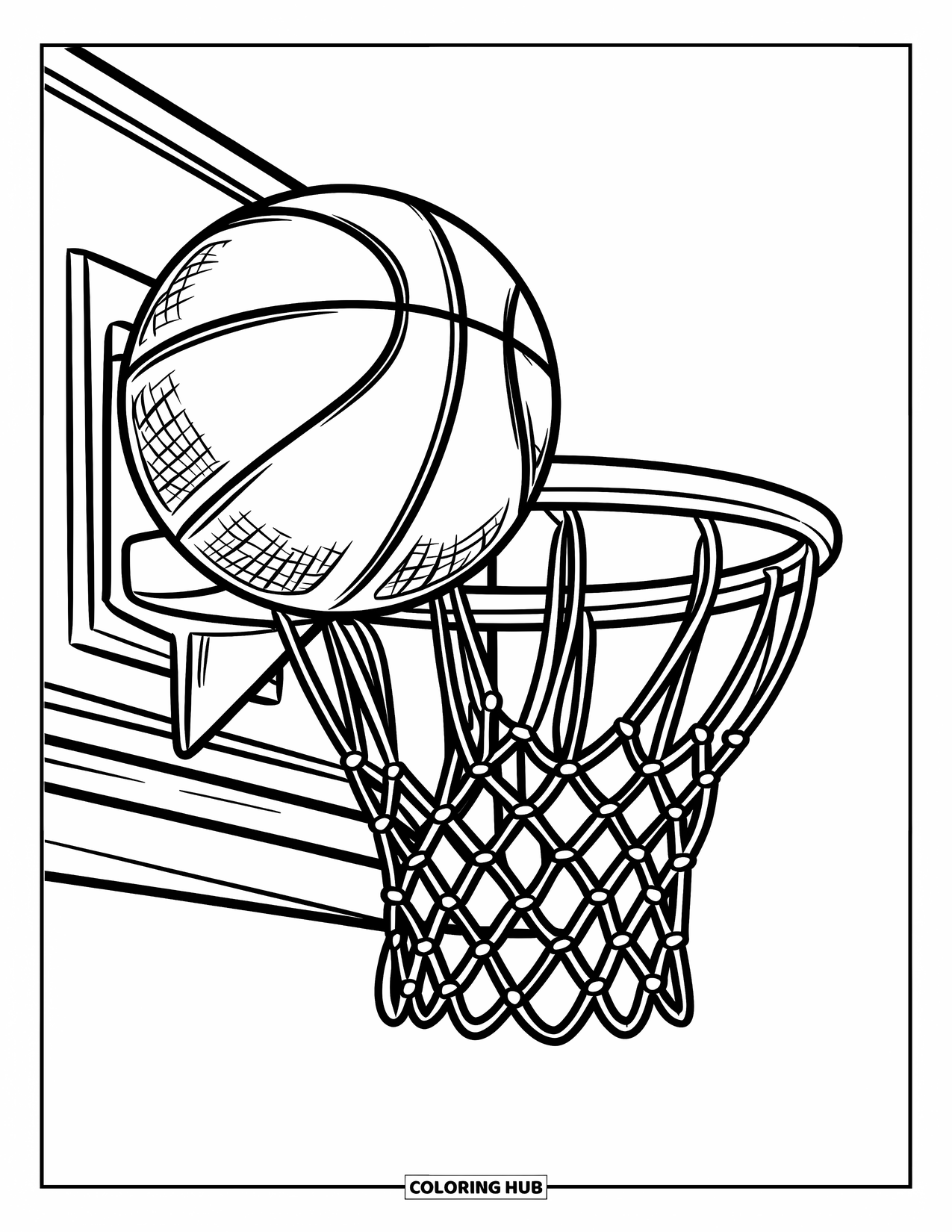 Letter B Coloring Page for Kids: Basketball flying toward a hoop with a textured net and clean lines