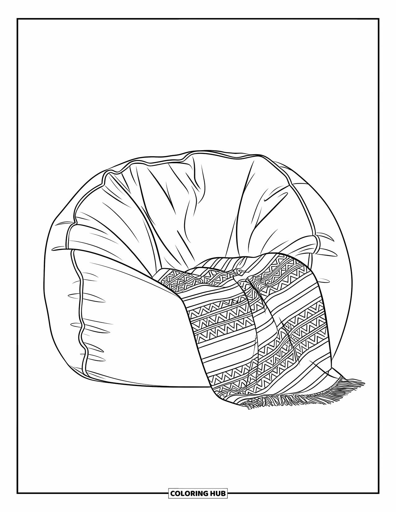 Letter B Coloring Page for Kids: Bean bag chair with soft folds and a cozy blanket on top
