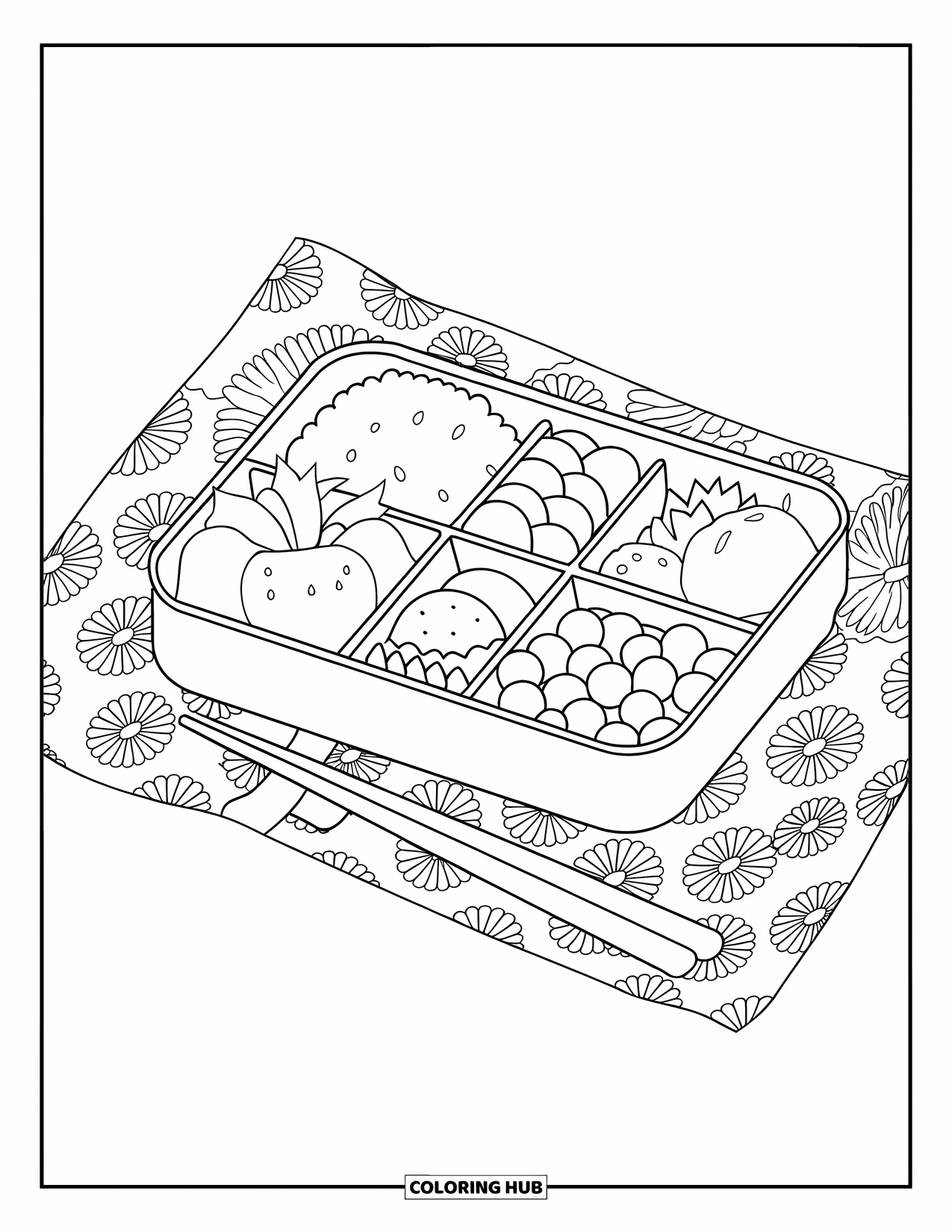 Letter B Coloring Page for Kids: Bento box on cloth with chopsticks and tasty compartments