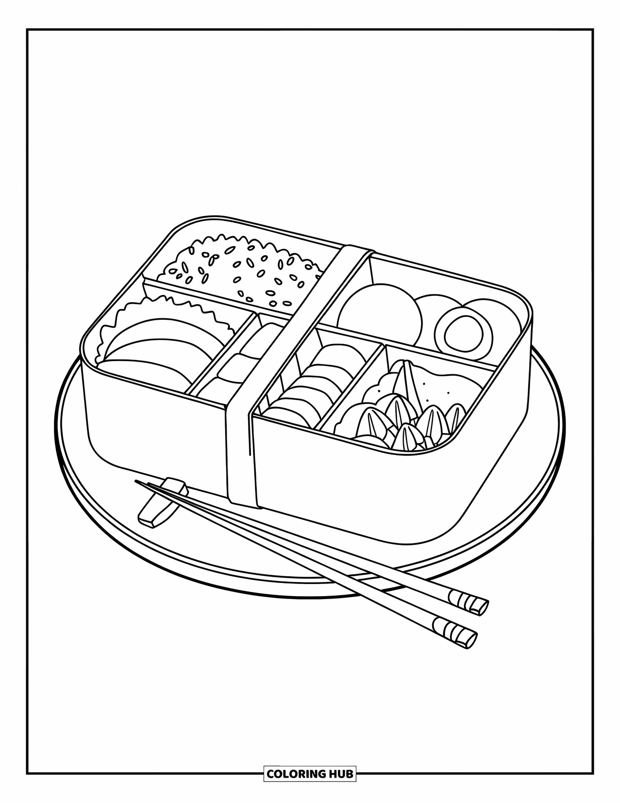 Letter B Coloring Page for Kids: Bento box with rice, veggies, and fruit placed on a plate
