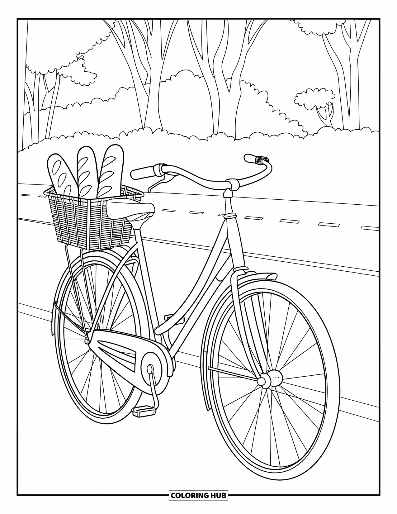 Letter B Coloring Page for Kids: Bicycle parked on a calm road with bread-filled basket and trees