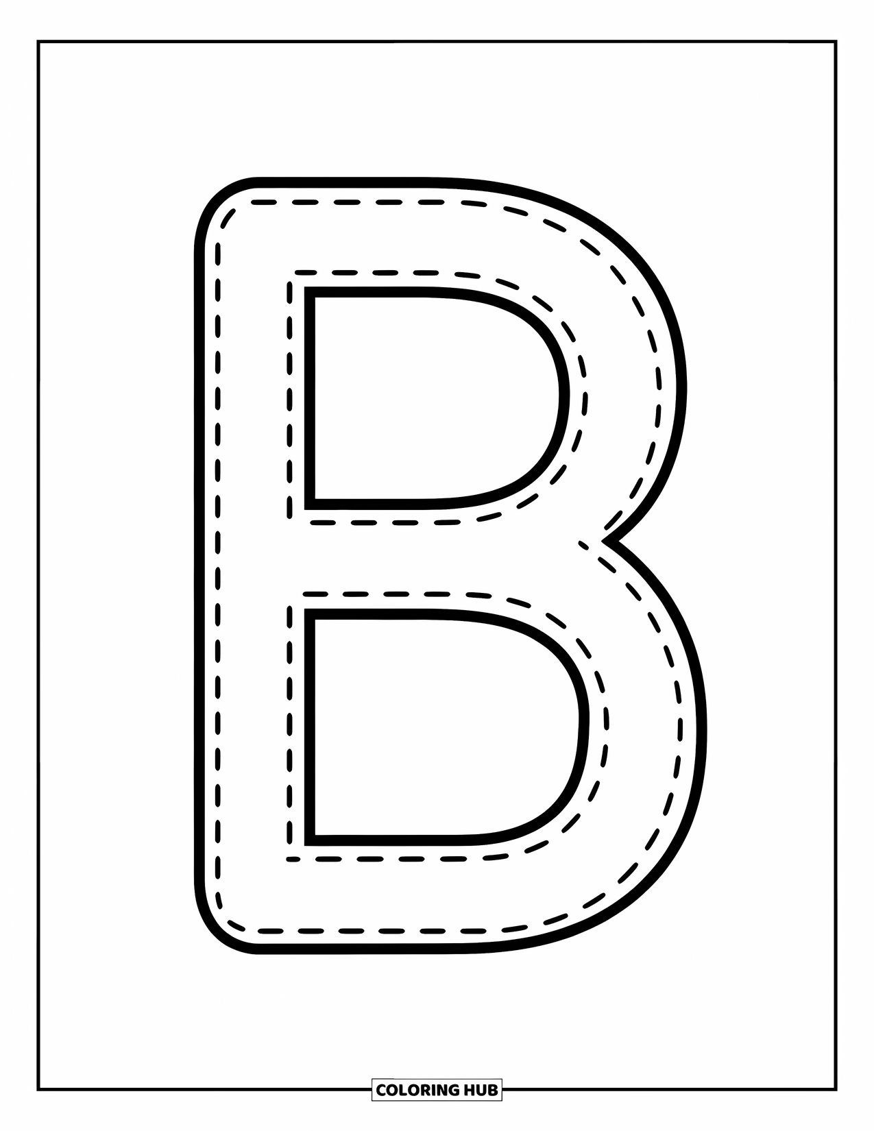 Letter B Coloring Page for Kids: Big letter B in dotted outline for preschool tracing fun
