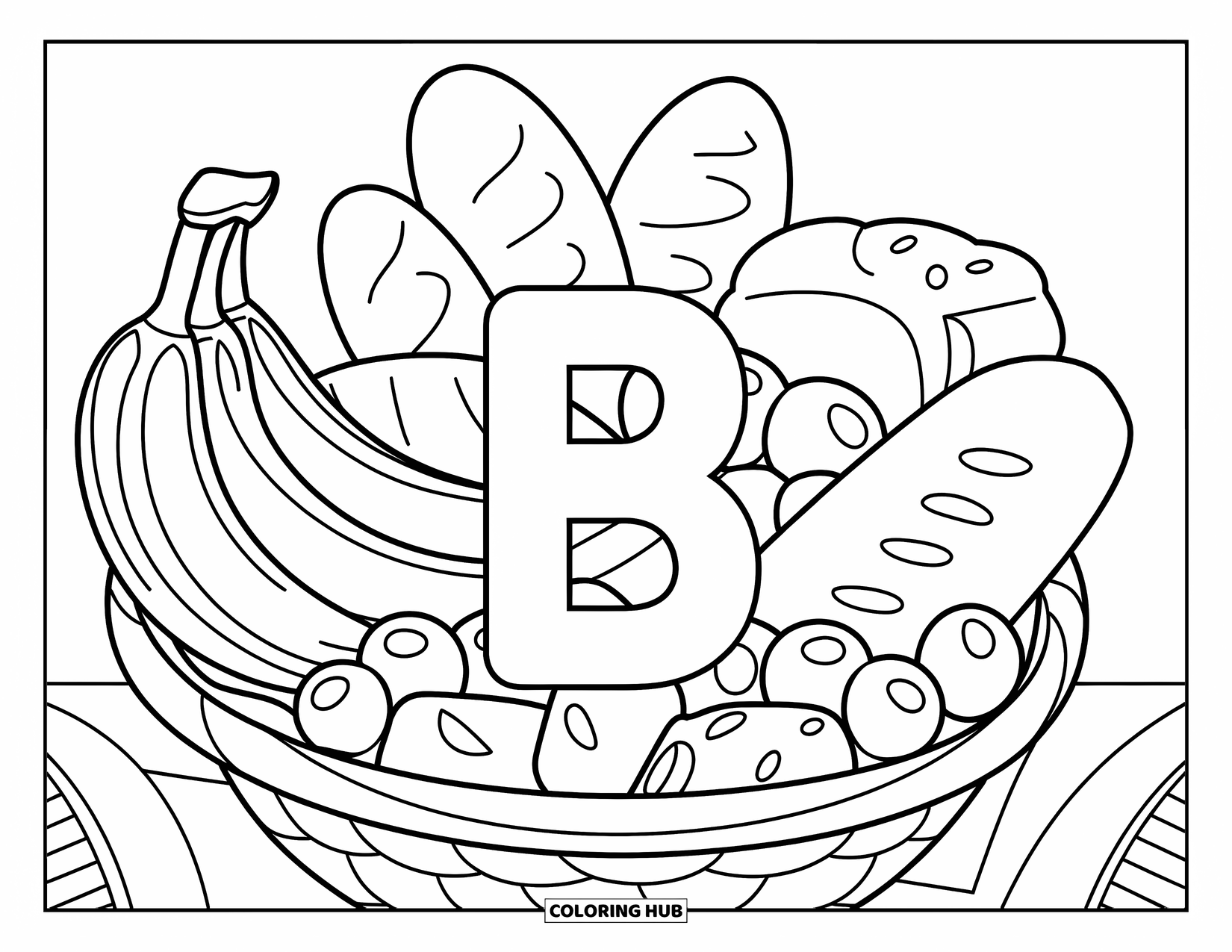 Letter B Coloring Page for Kids: Big letter B with a food basket filled with fruity treats