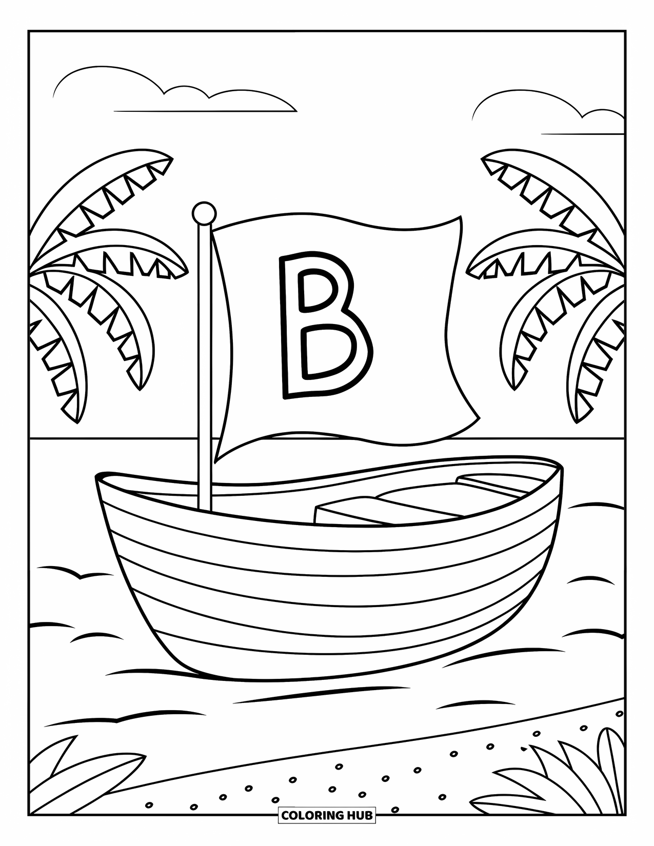 Letter B Coloring Page for Kids: Boat with B flag sailing between banana trees on the beach