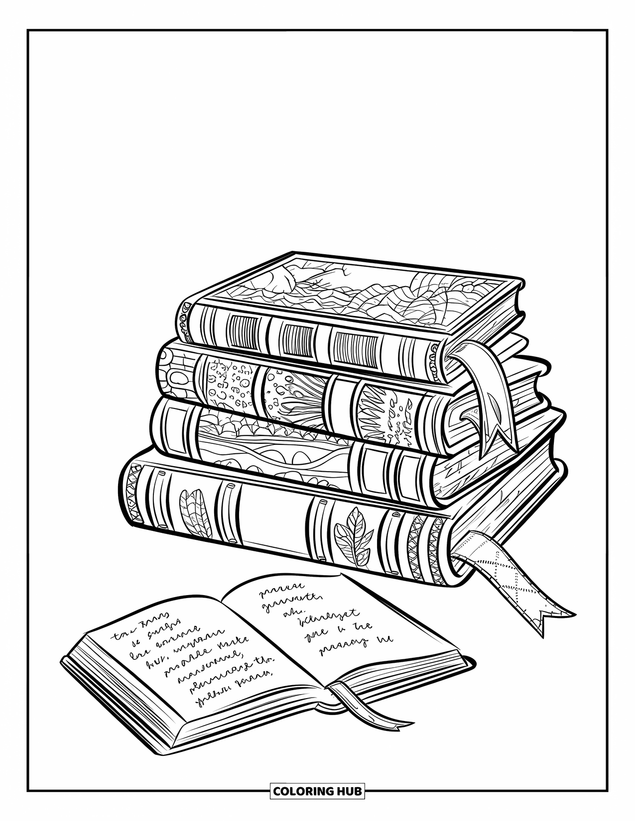 Letter B Coloring Page for Kids: Books with patterned covers, open journal, and a cozy setup