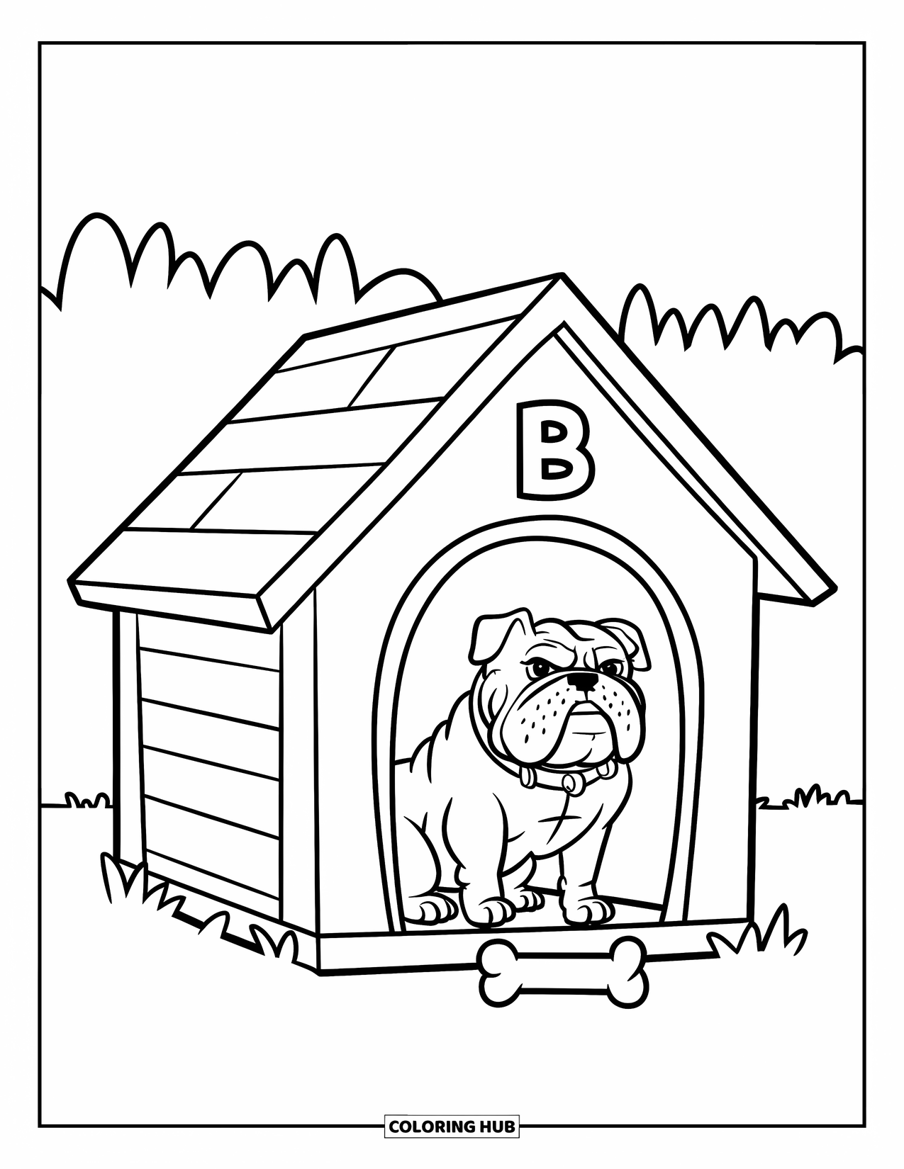 Letter B Coloring Page for Kids: Bulldog wagging in a B-labeled doghouse beside a grassy patch
