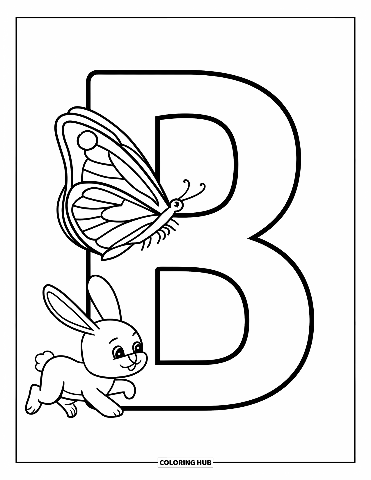 Letter B Coloring Page for Kids: Butterfly perched on B with a hopping bunny nearby