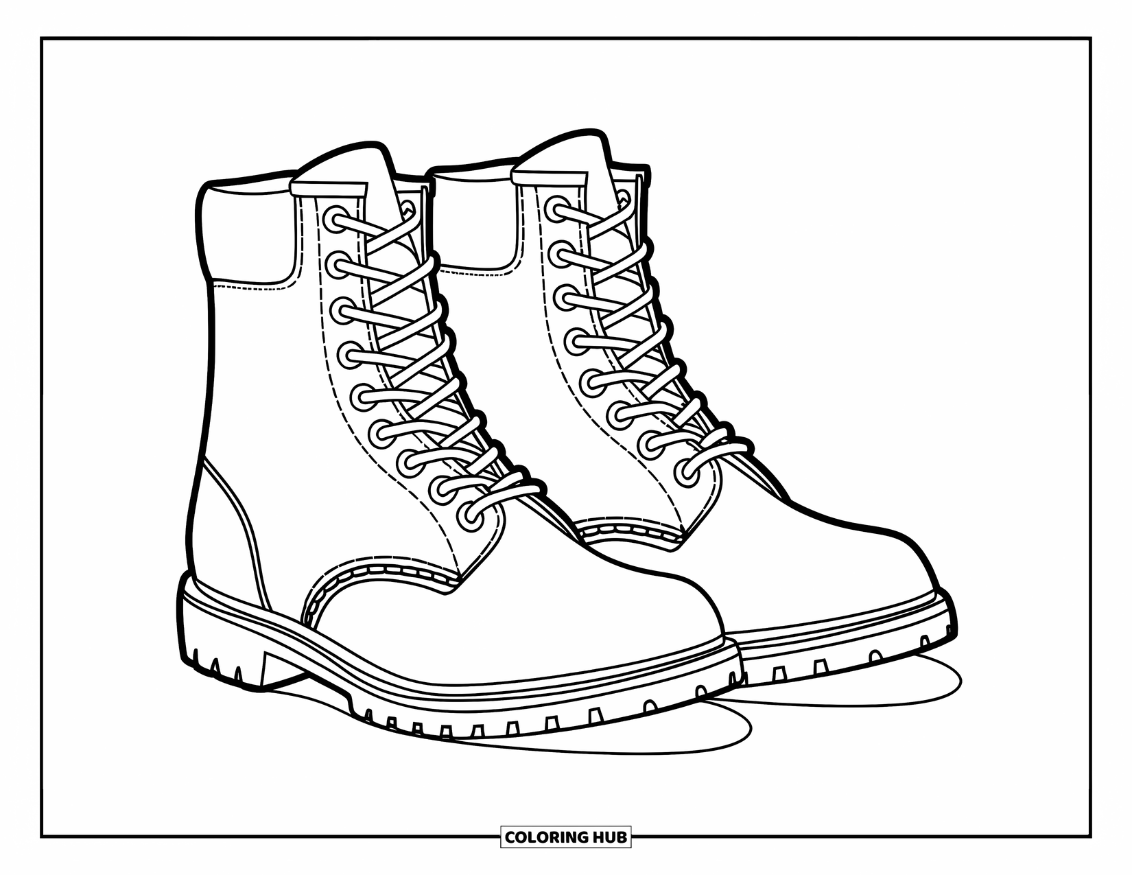 Letter B Coloring Page for Kids: Combat boots side by side with subtle scuffs and tied laces