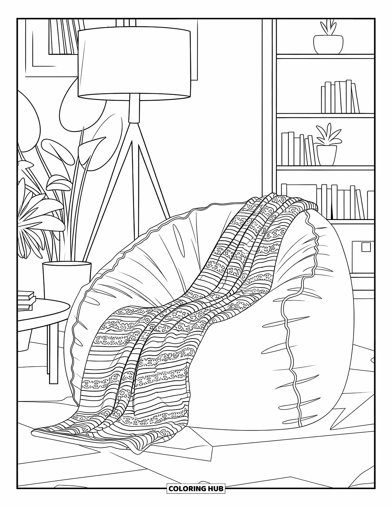 Letter B Coloring Page for Kids: Comfy bean bag in a modern room with plants, table, and lamp