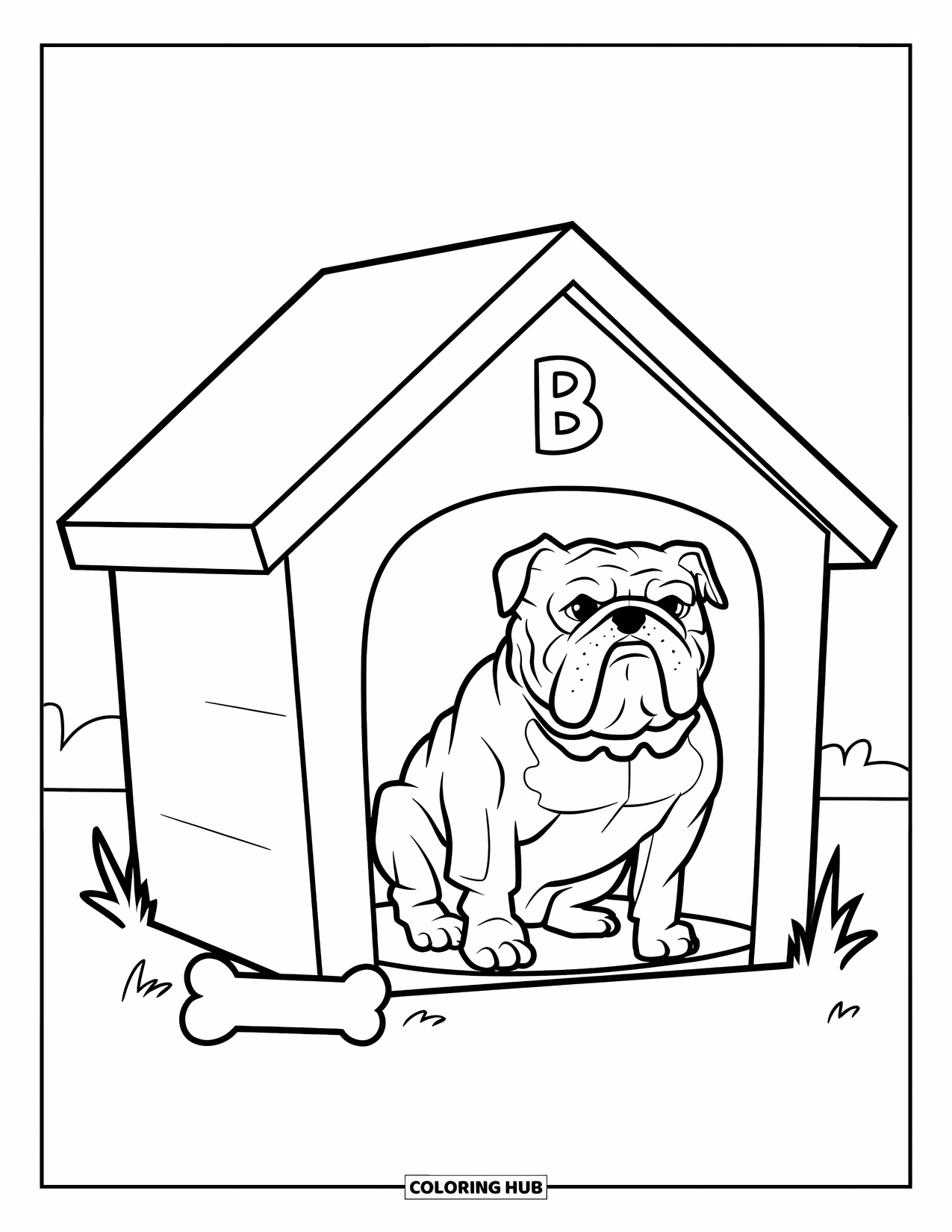 Letter B Coloring Page for Kids: Doghouse marked B with a happy bulldog and a bone outside