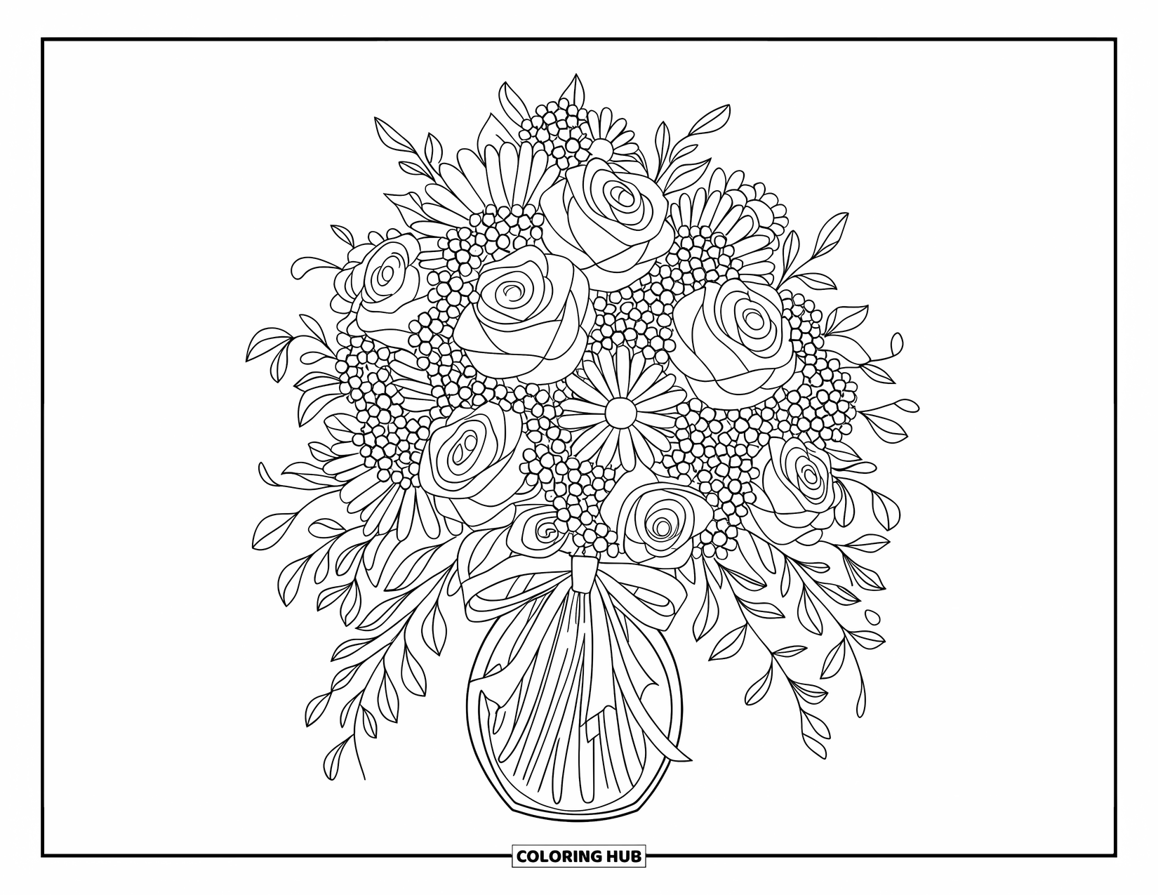Letter B Coloring Page for Kids: Floral bouquet in a vase with ribbon and trailing leaves