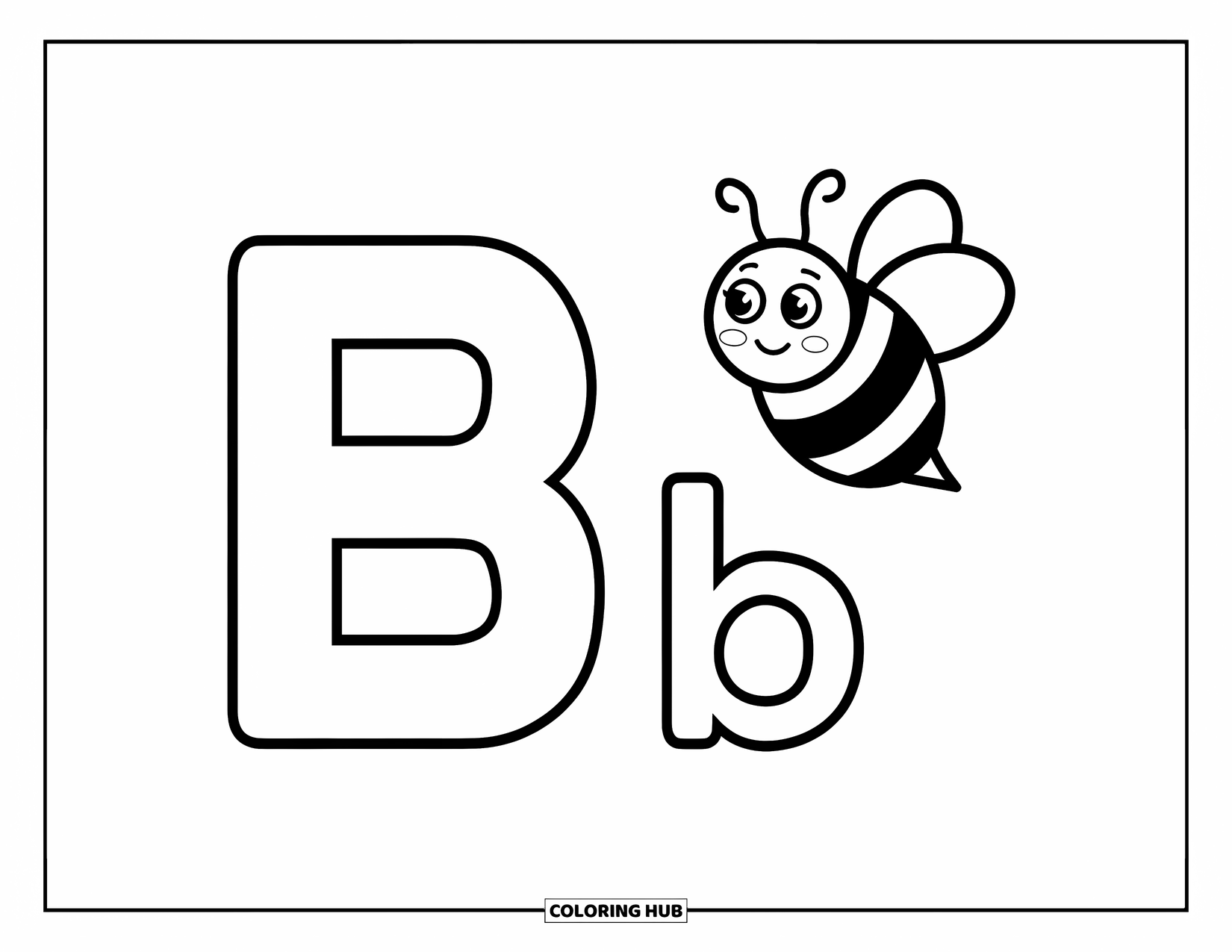 Letter B Coloring Page for Kids: Happy bee buzzing between a big B and little b