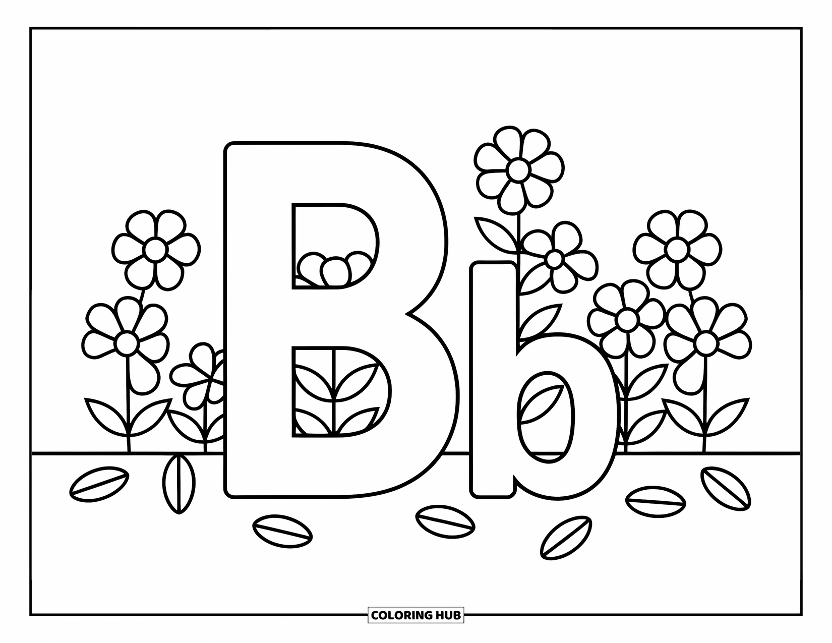 Letter B Coloring Page for Kids: Large B and small b nestled in leafy bushes with flowers