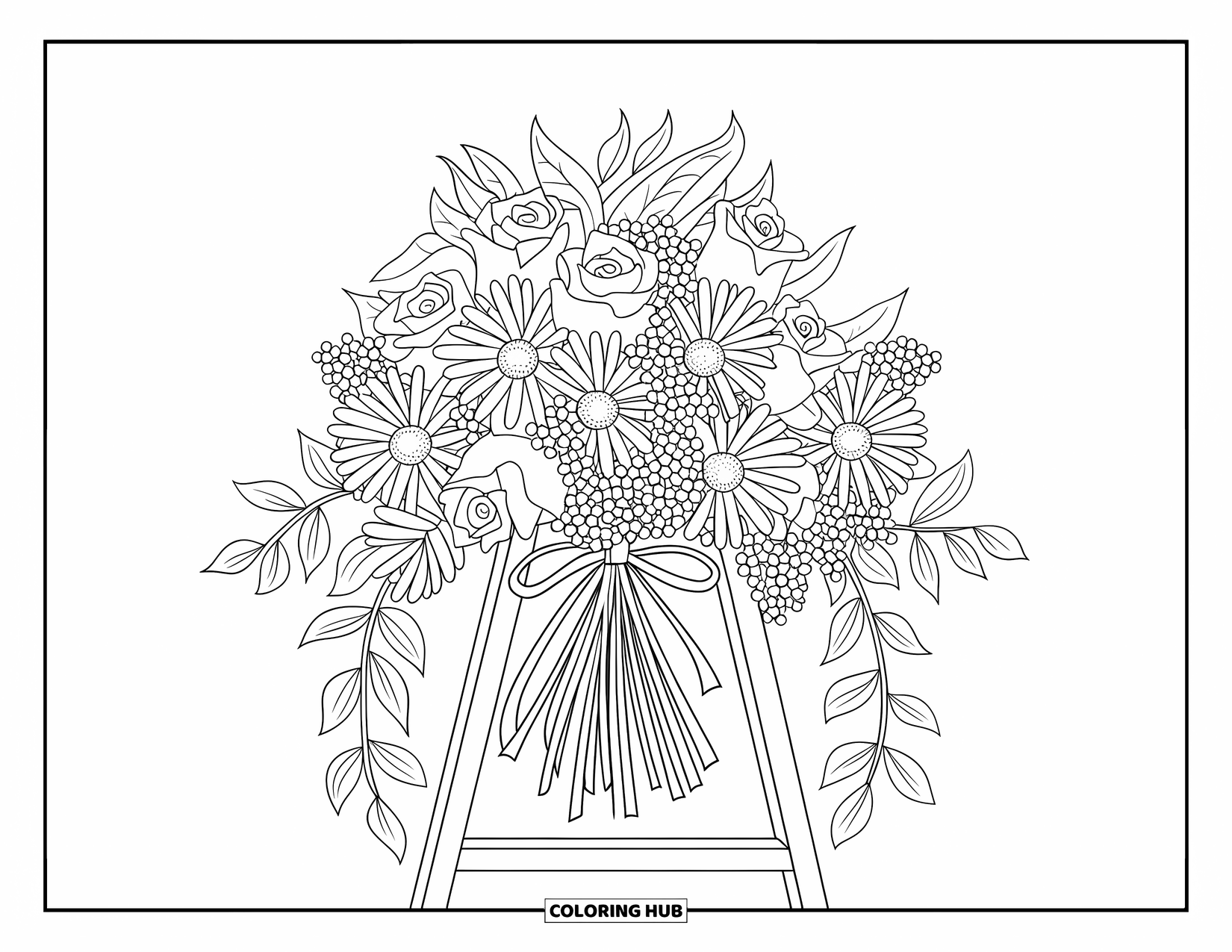 Letter B Coloring Page for Kids: Layered bouquet of roses, daisies, and baby's breath on a wooden stand