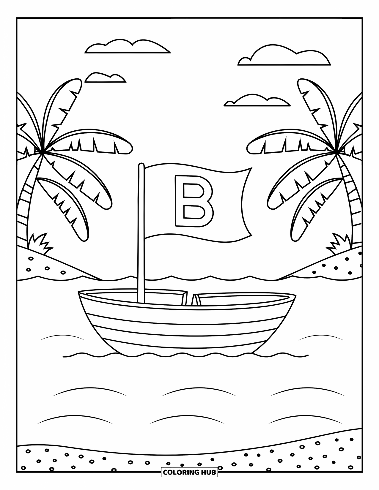 Letter B Coloring Page for Kids: Letter B flag on a boat sailing past sandy banana trees