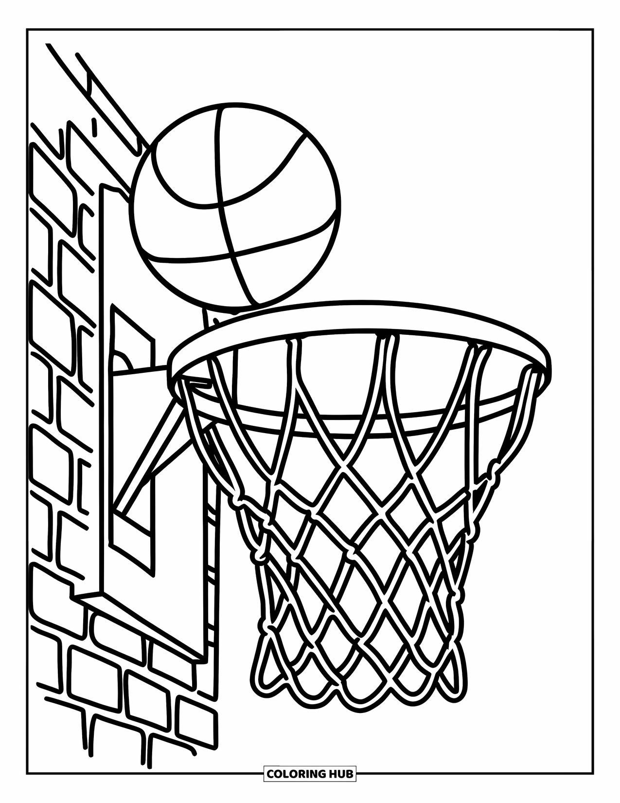 Letter B Coloring Page for Kids: Mid-air basketball heading for a hoop with bold outlines and detail
