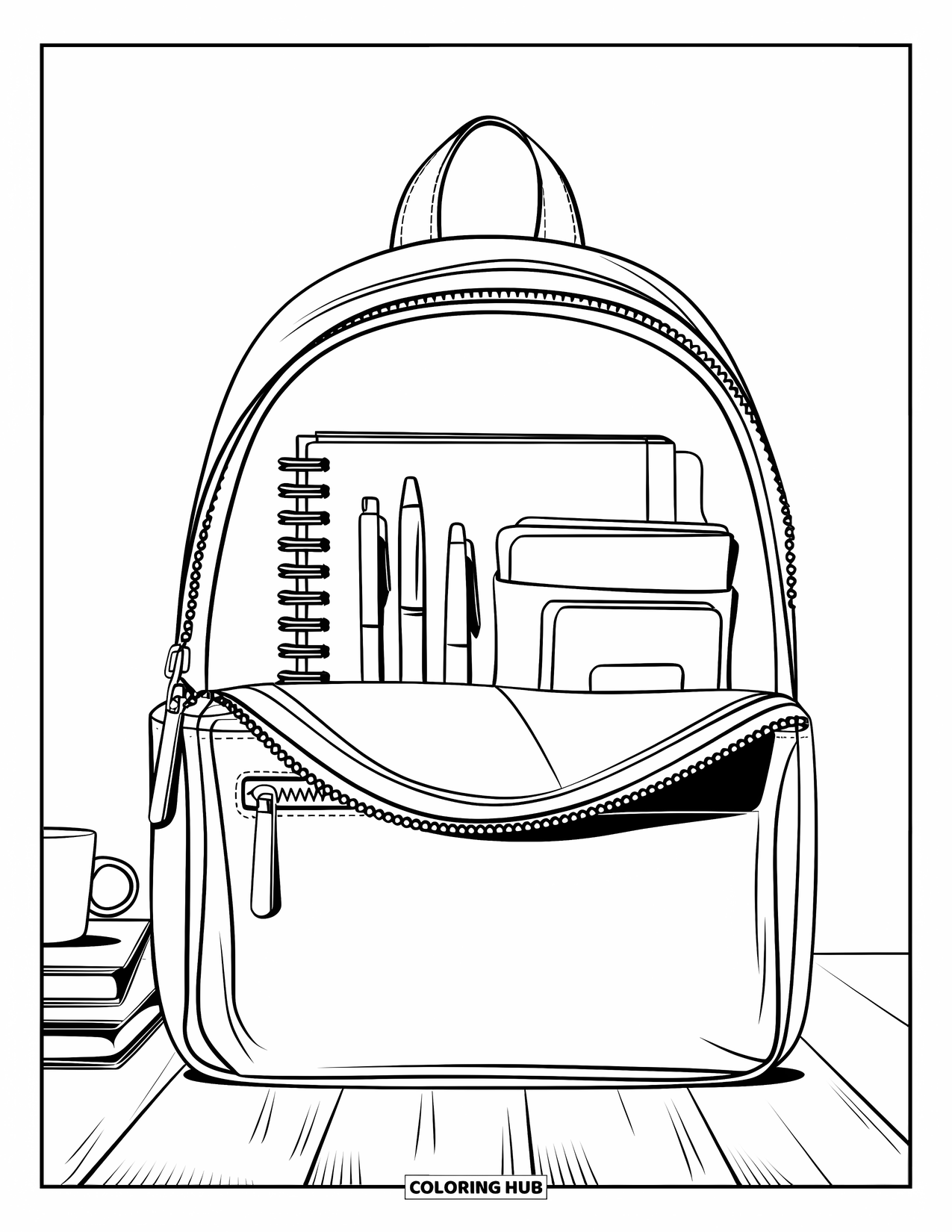 Letter B Coloring Page for Kids: Open backpack with notebooks, a cup, and books around it