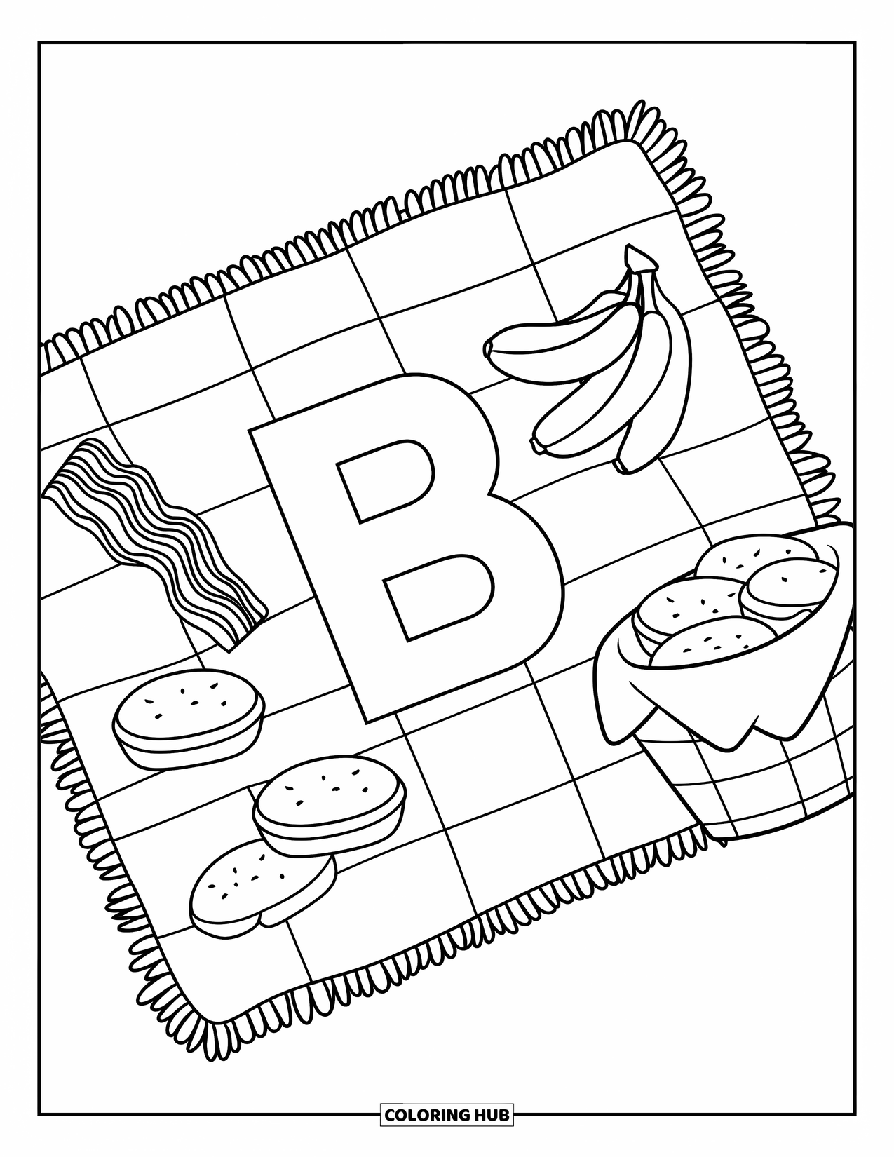 Letter B Coloring Page for Kids: Picnic scene with B blanket, food items, and a biscuit-filled basket