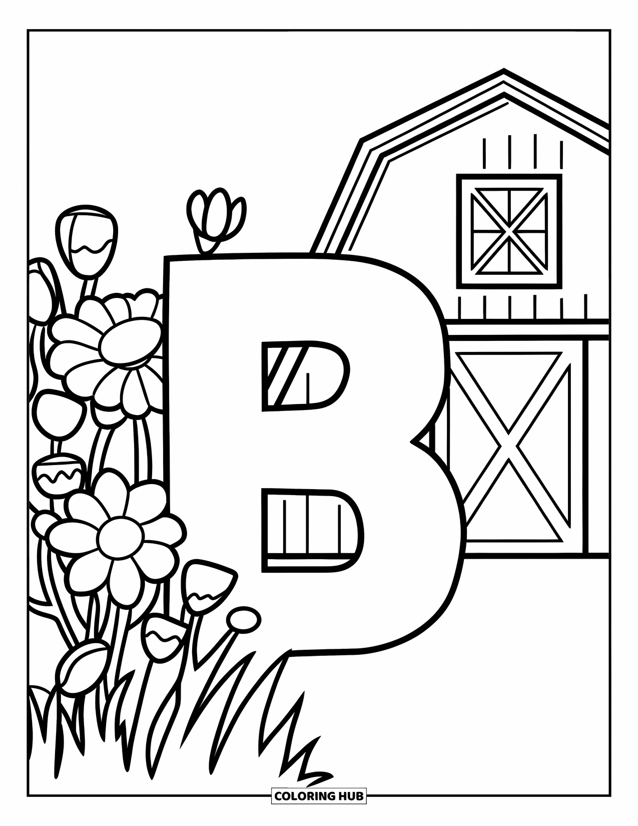 Letter B Coloring Page for Kids: Rustic B resting by a barn and a cluster of flowers
