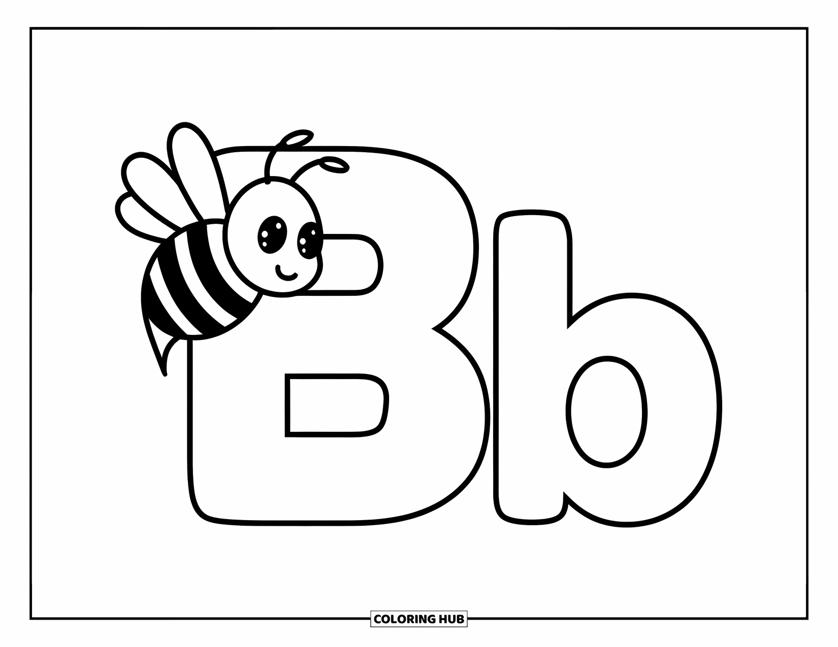 Letter B Coloring Page for Kids: Smiling bee flying around big B and small b on white