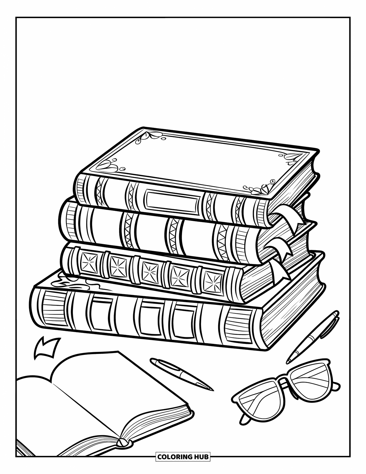 Letter B Coloring Page for Kids: Stack of books with bookmarks, journal, and reading glasses nearby