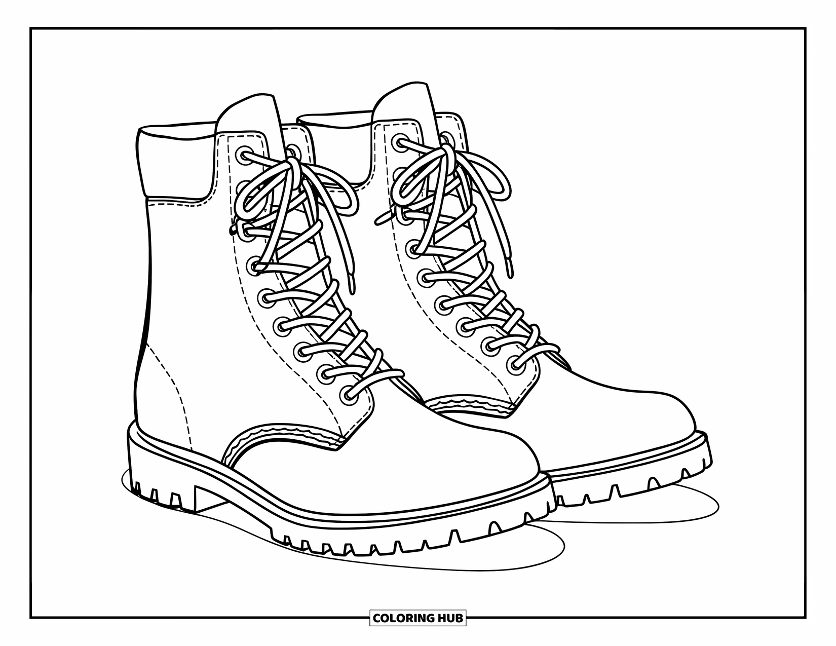 Letter B Coloring Page for Kids: Worn lace-up boots with bold outlines on a blank background