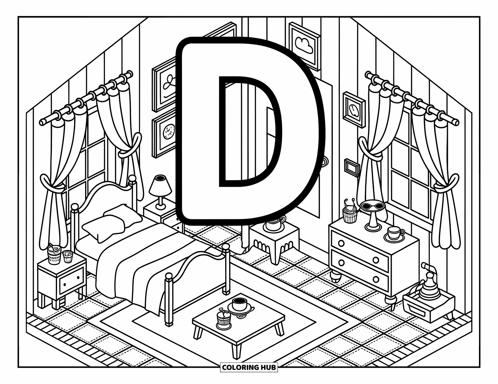Letter D Coloring Page for Adults: A big letter D sits in a cozy dollhouse with a tea set and fluttery curtains