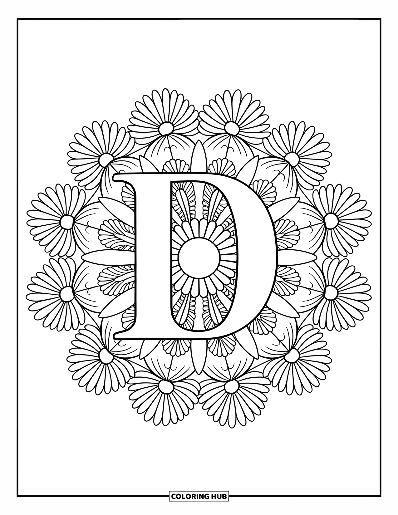 Letter D Coloring Page for Adults: A bold D is nestled in a mandala made of blooming daisies