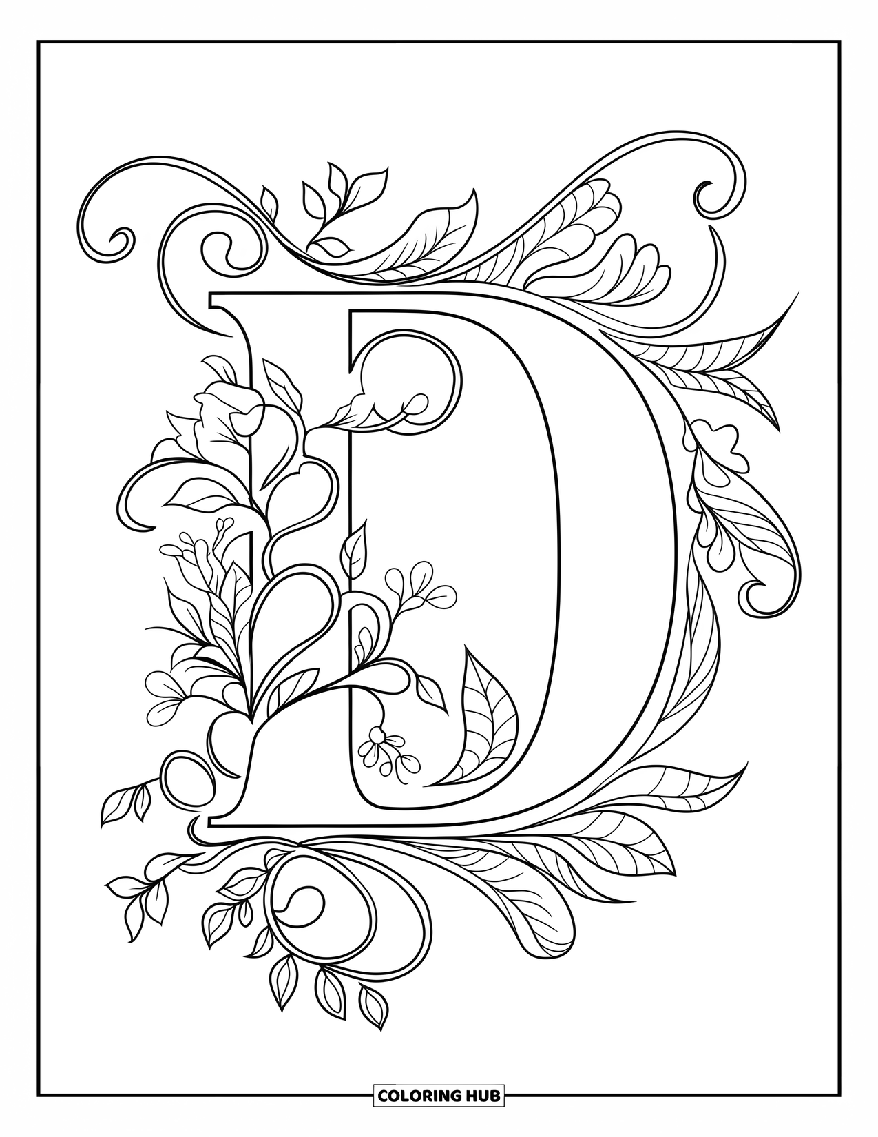 Letter D Coloring Page for Adults: A bold D is surrounded by swirling florals and elegant vines