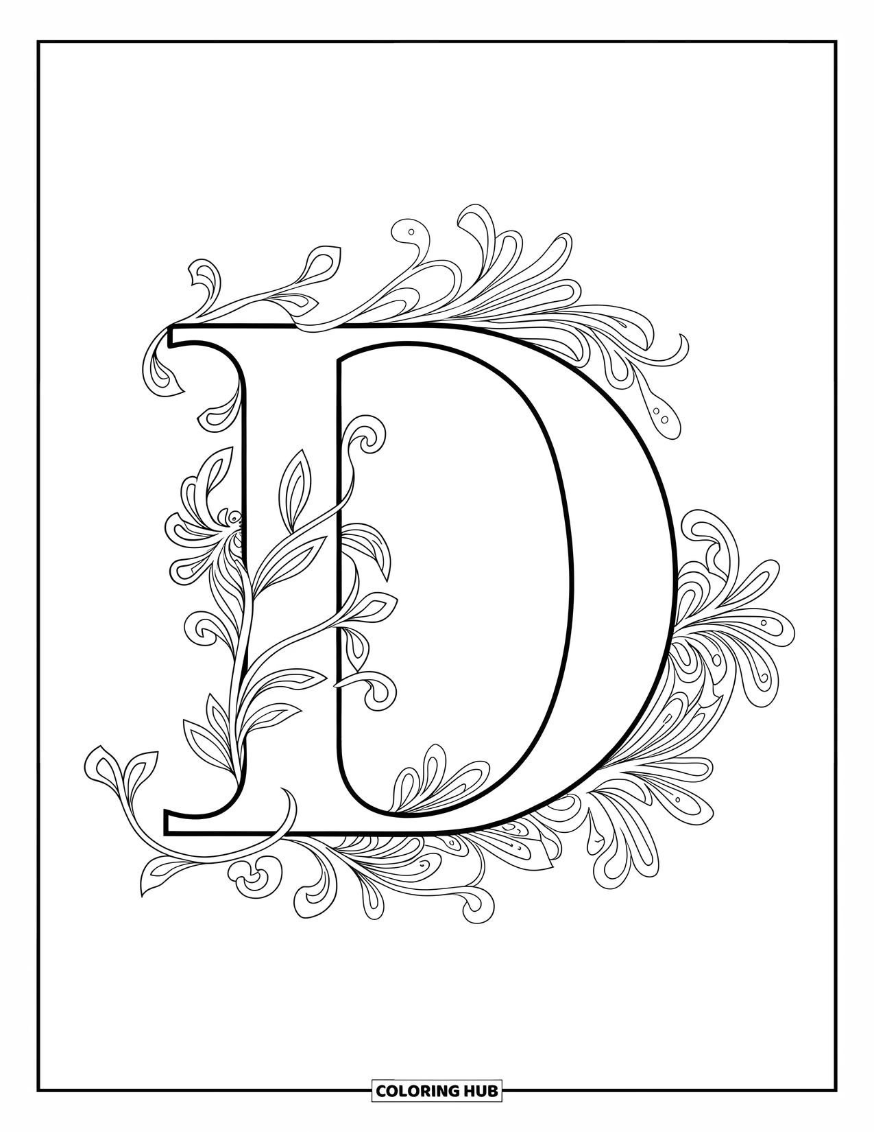 Letter D Coloring Page for Adults: A bold D is wrapped in filigree and soft floral vines