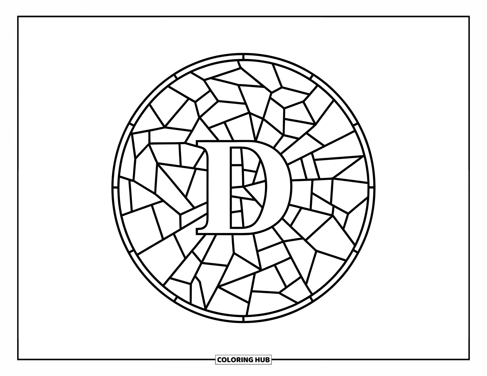 Letter D Coloring Page for Adults: A bold D sits in the center of a circular stained glass mosaic