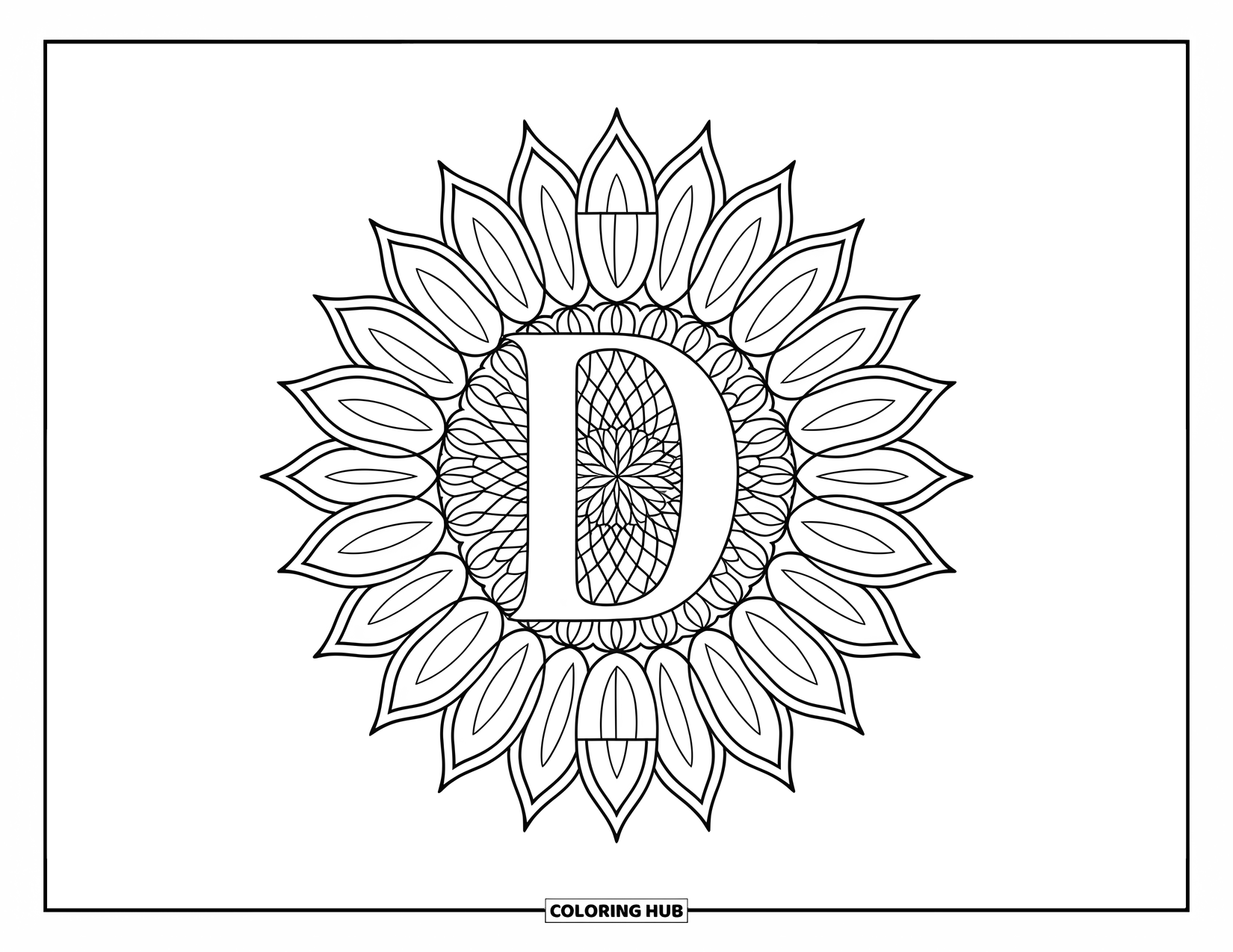 Letter D Coloring Page for Adults: A bold letter D rests inside a sunflower mandala with repeating petal patterns