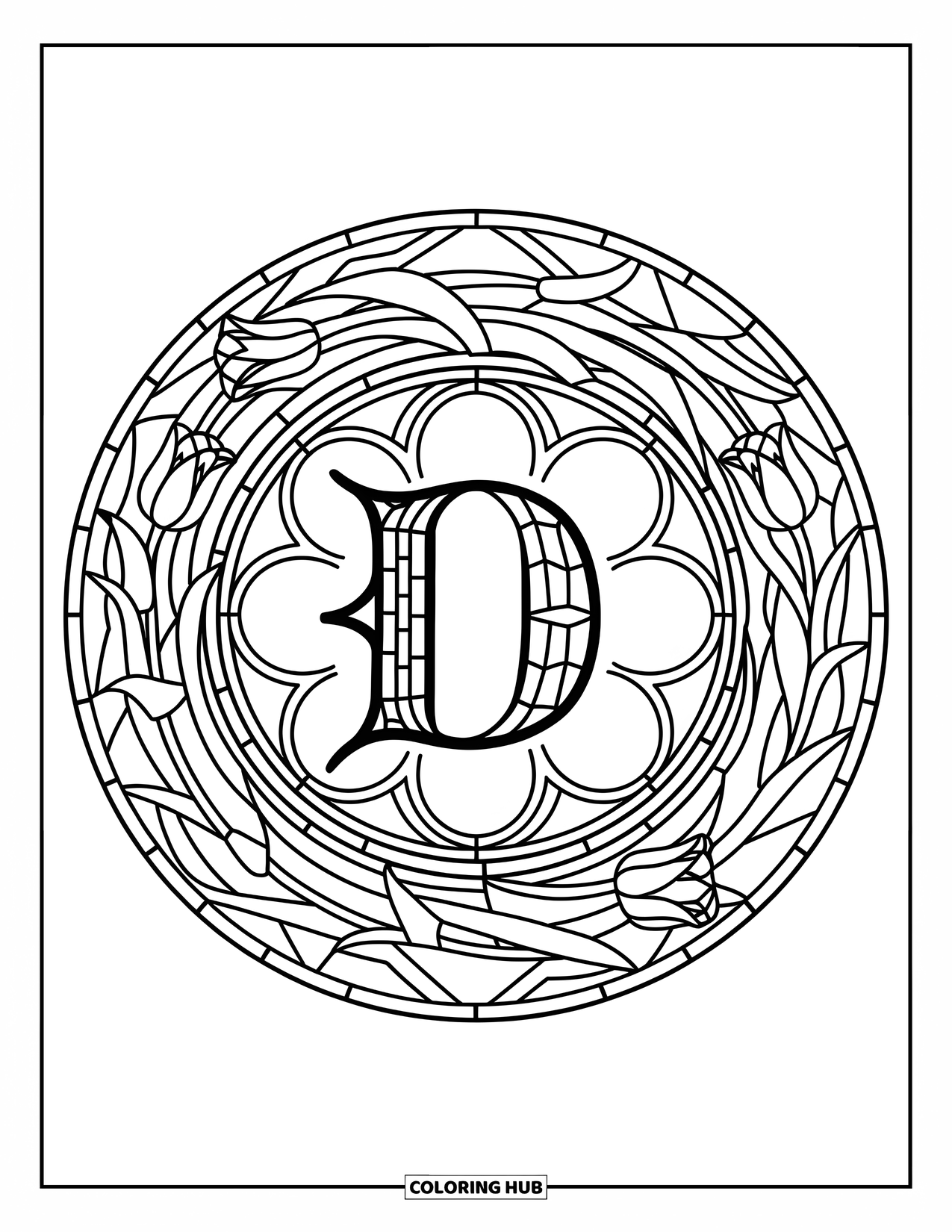 Letter D Coloring Page for Adults: A cathedral-style pattern of tulips and panes surrounds a fancy D