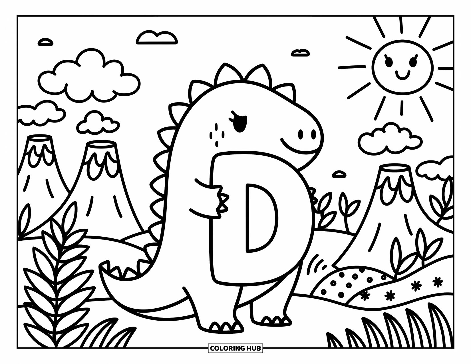 Letter D Coloring Page for Adults: A dino gently cradles the letter D in a cozy scene with volcanoes and sun