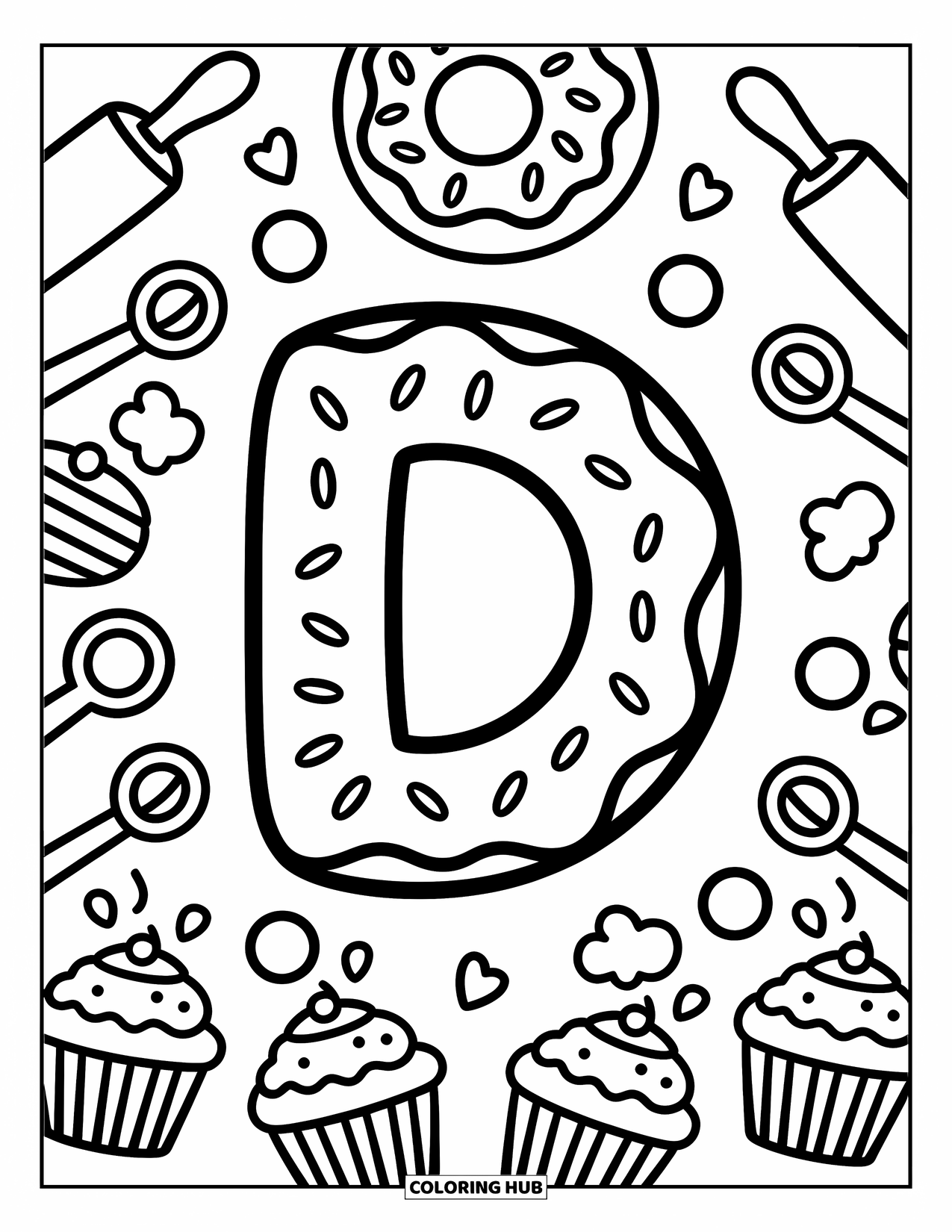 Letter D Coloring Page for Adults: A donut-shaped D is paired with rolling pins, cupcakes, and happy steam clouds