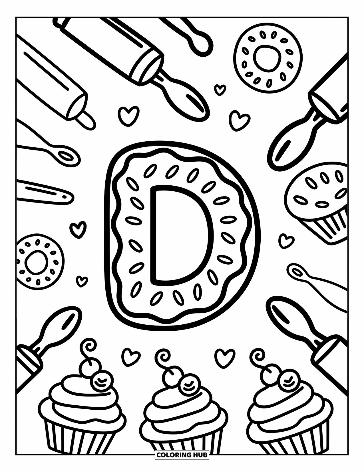Letter D Coloring Page for Adults: A donut-style D is surrounded by kawaii baking tools and cupcake steam clouds