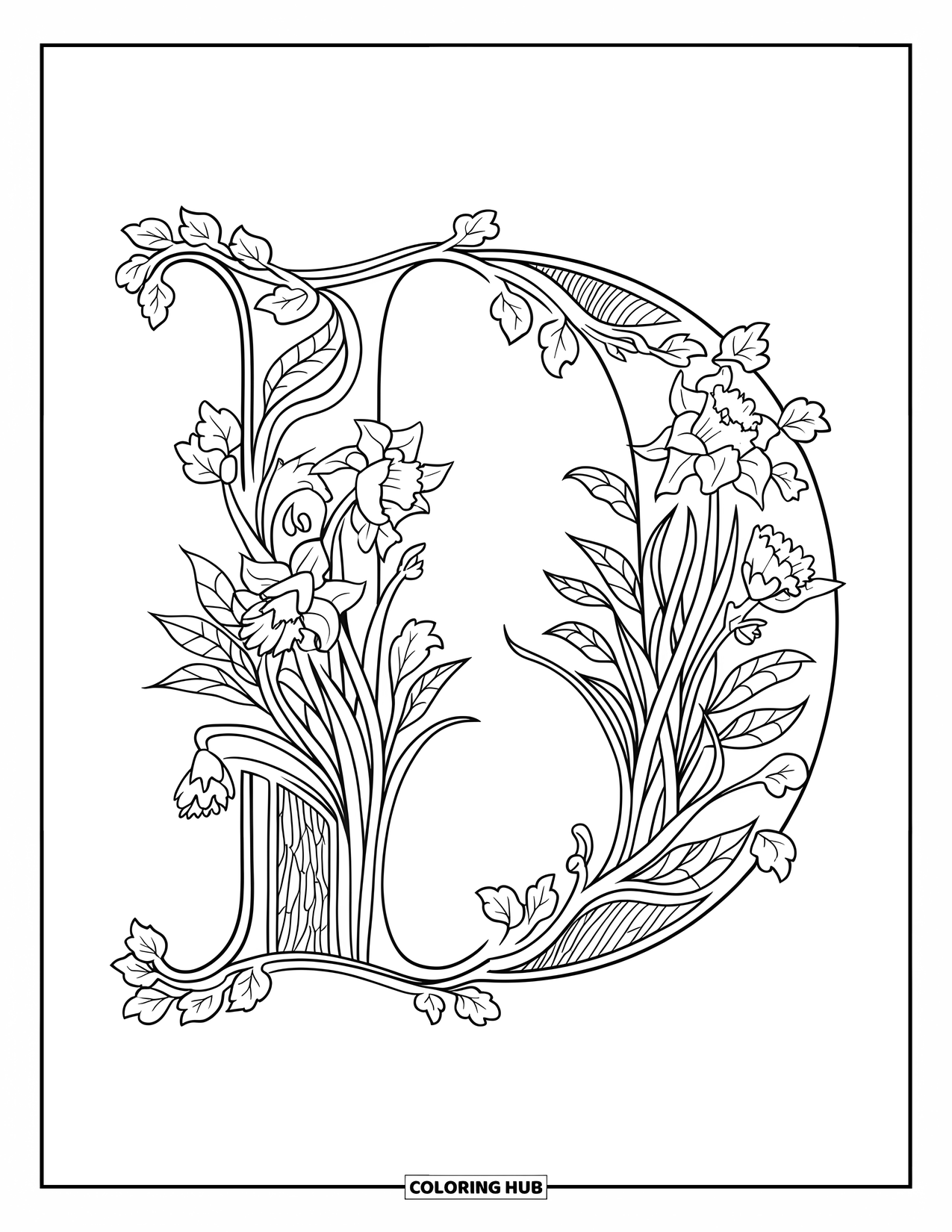 Letter D Coloring Page for Adults: A fancy D sits in a symmetrical design with ivy and daffodils