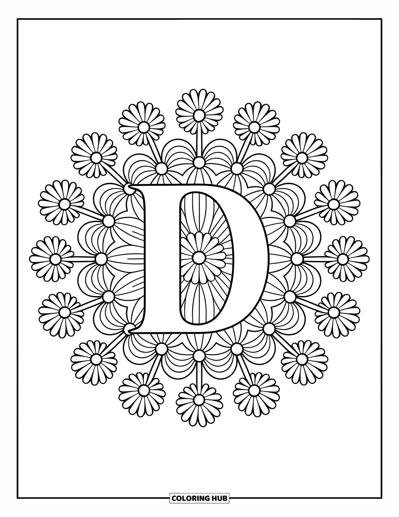 Letter D Coloring Page for Adults: A floral mandala of daisies surrounds a large D in the middle