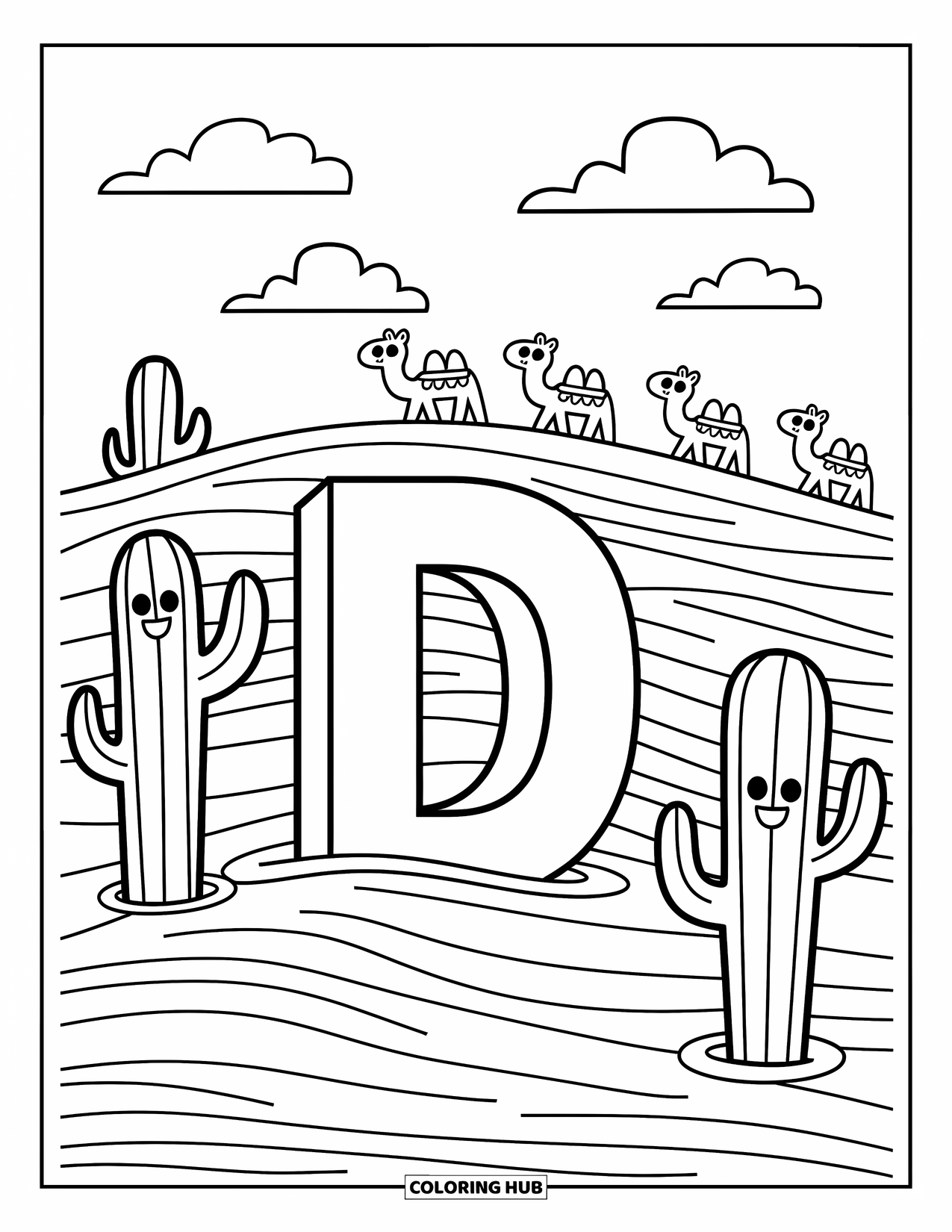 Letter D Coloring Page for Adults: A gentle desert scene features a buried D, playful cacti, and puffy clouds