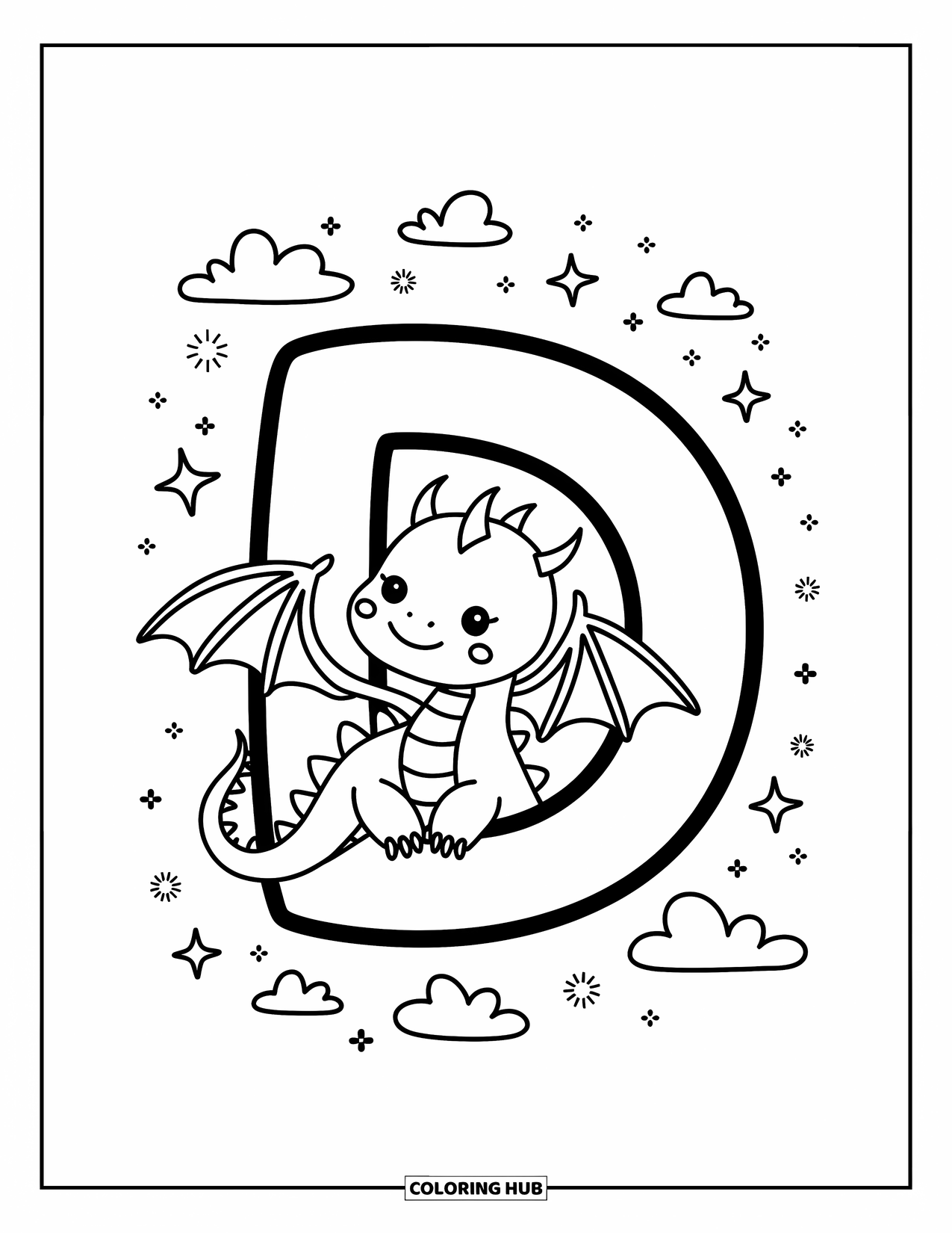 Letter D Coloring Page for Adults: A gentle dragon hugs the letter D beneath magical stars and floating clouds