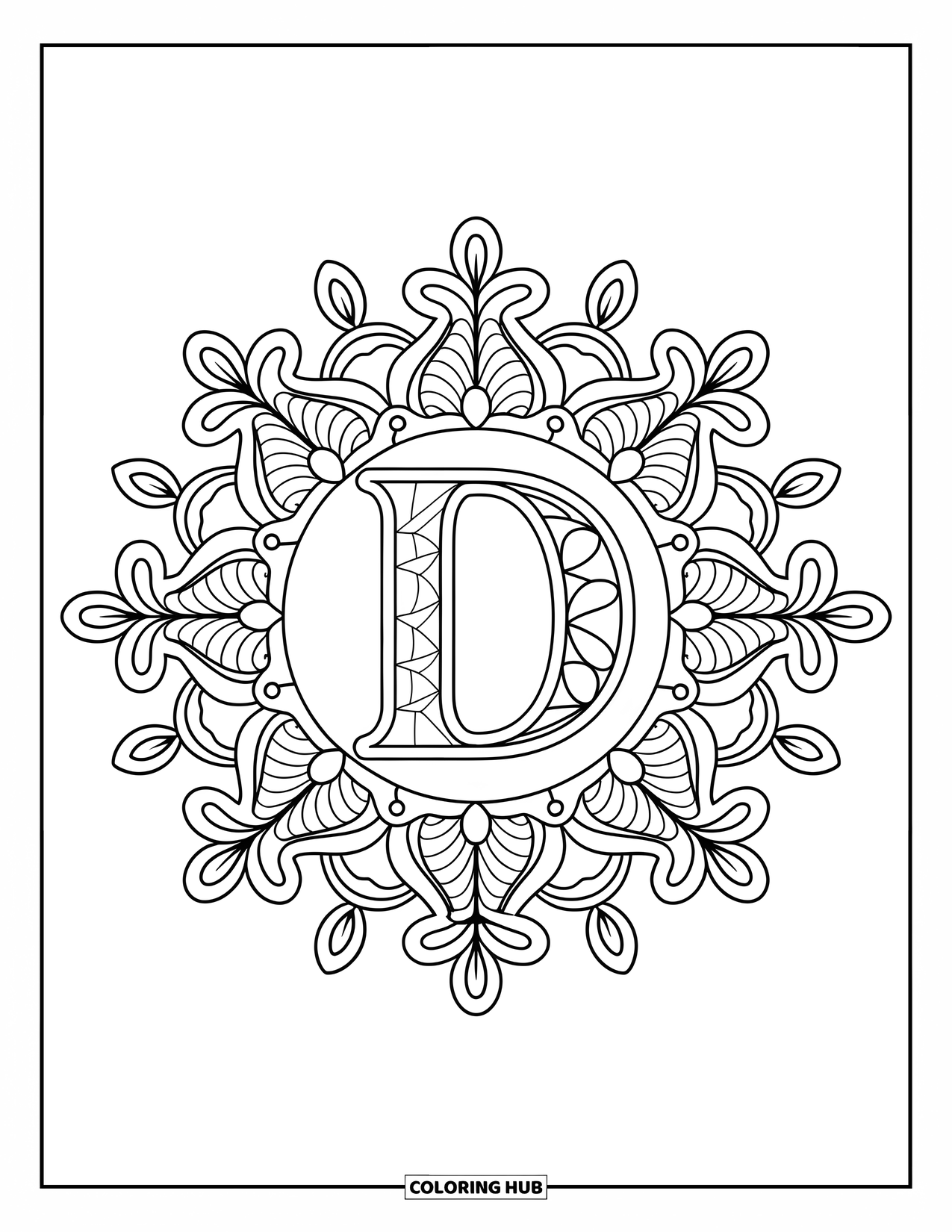 Letter D Coloring Page for Adults: A lace-style mandala wraps gently around an ornate letter D