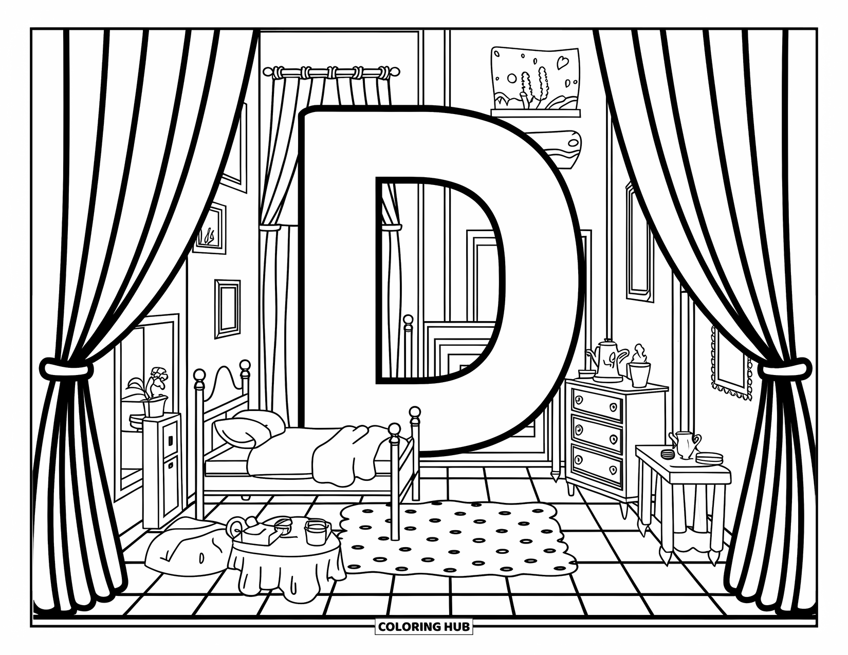Letter D Coloring Page for Adults: A letter D sits in a charming dollhouse full of doodled furniture and cozy vibes