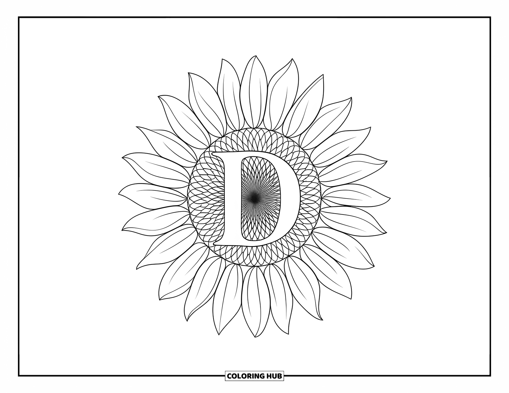 Letter D Coloring Page for Adults: A monogram D is centered in a sunflower mandala filled with petal line rhythms
