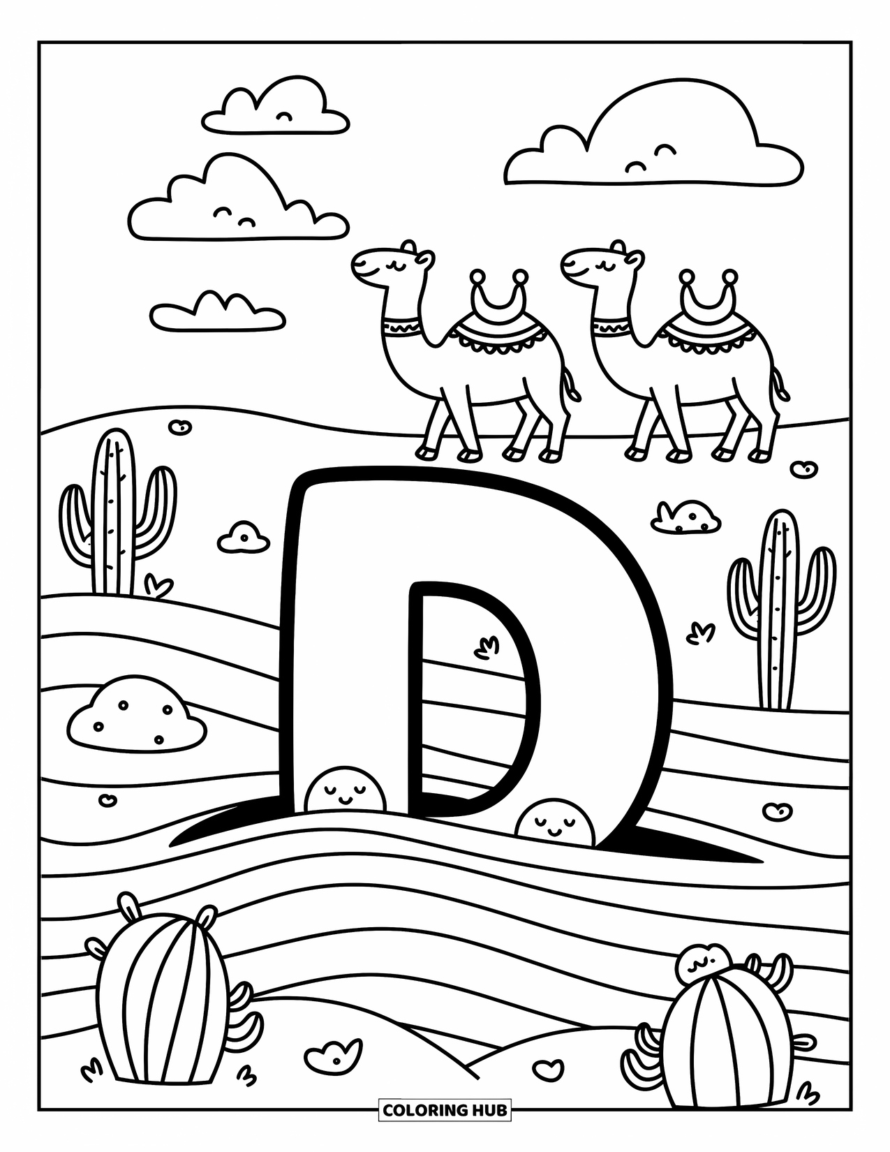 Letter D Coloring Page for Adults: A peaceful desert holds a buried D with kawaii camels and smiling cacti