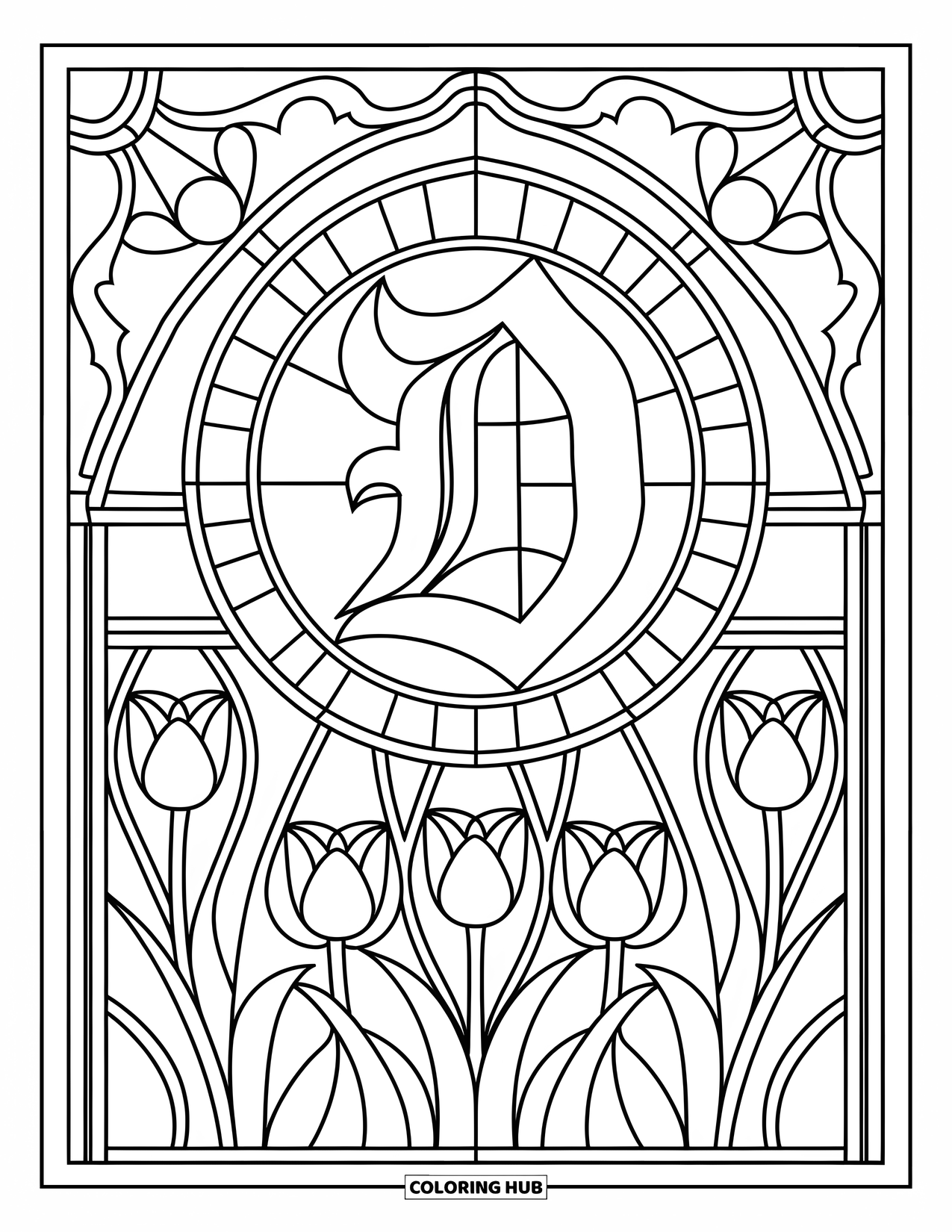 Letter D Coloring Page for Adults: A stained glass circle holds a gothic D with tulips and bold panels