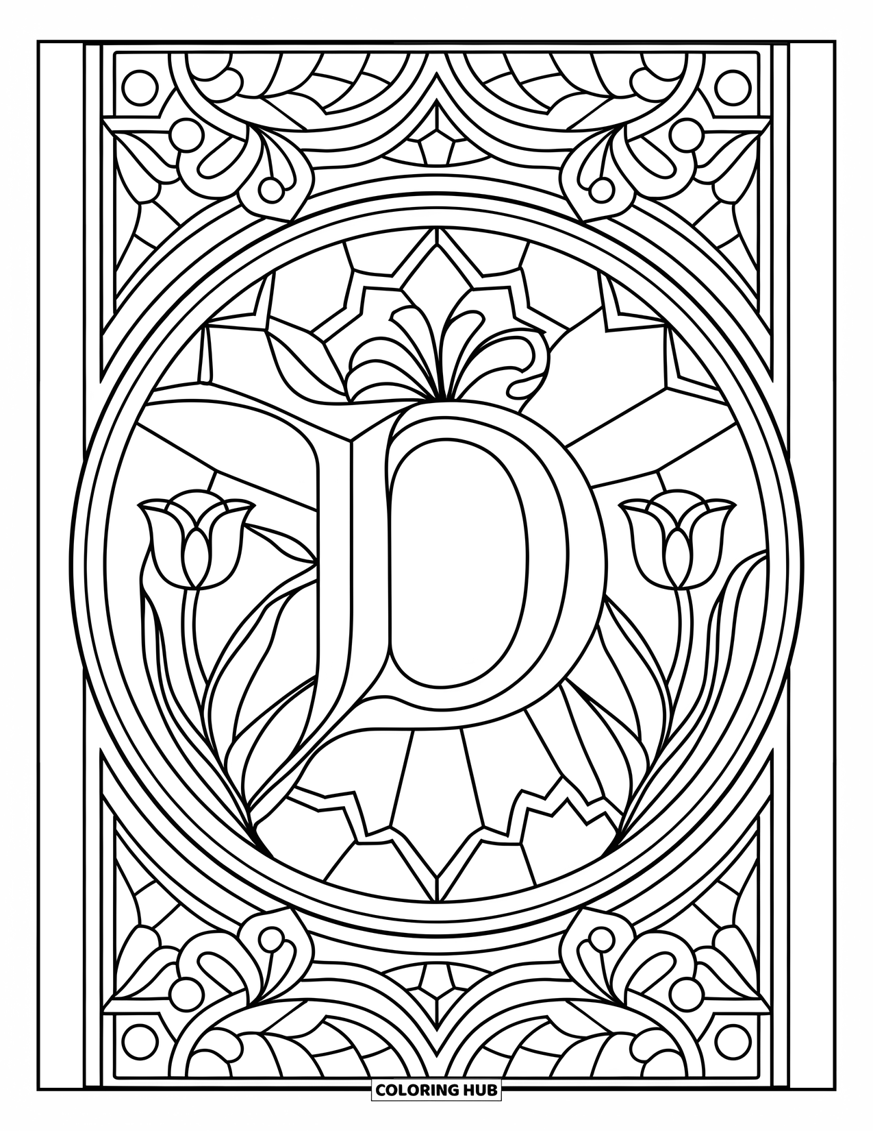 Letter D Coloring Page for Adults: A stylized D sits inside a stained glass window of tulips and panes