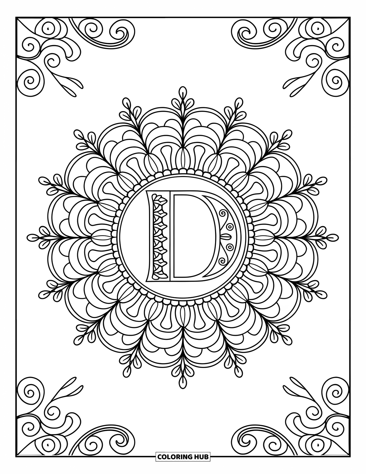 Letter D Coloring Page for Adults: A symmetrical lace mandala features a bold D at its center